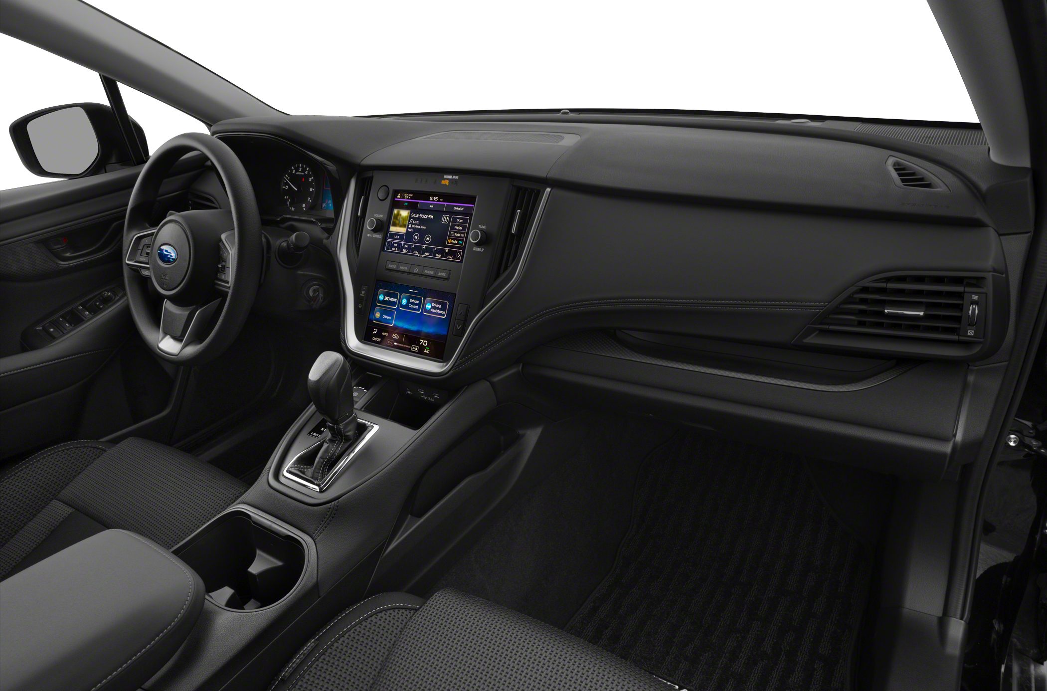Modern interior dashboard with dual touchscreen infotainment system and automatic gear shift