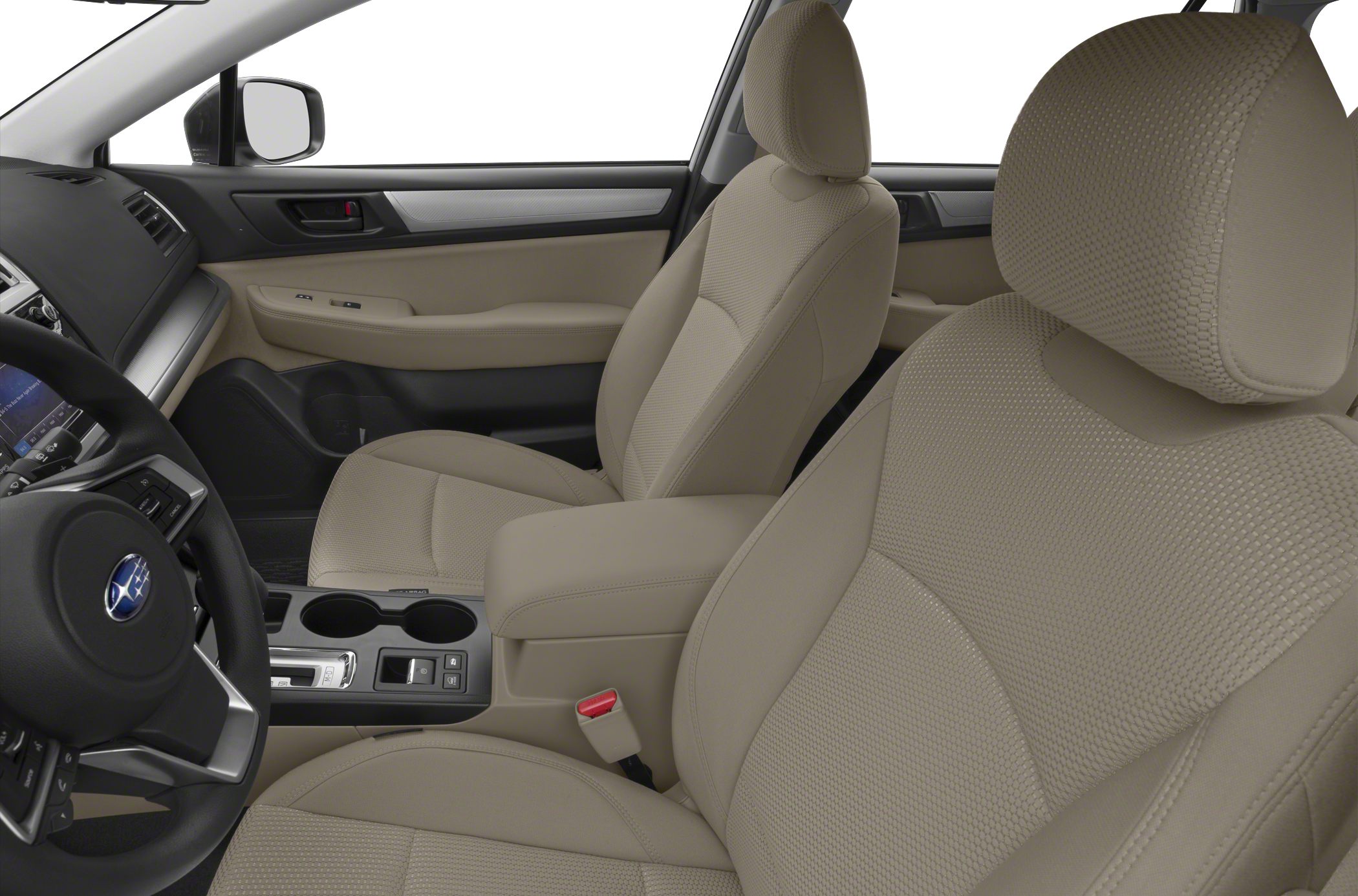 Beige fabric front seats and dashboard with center console