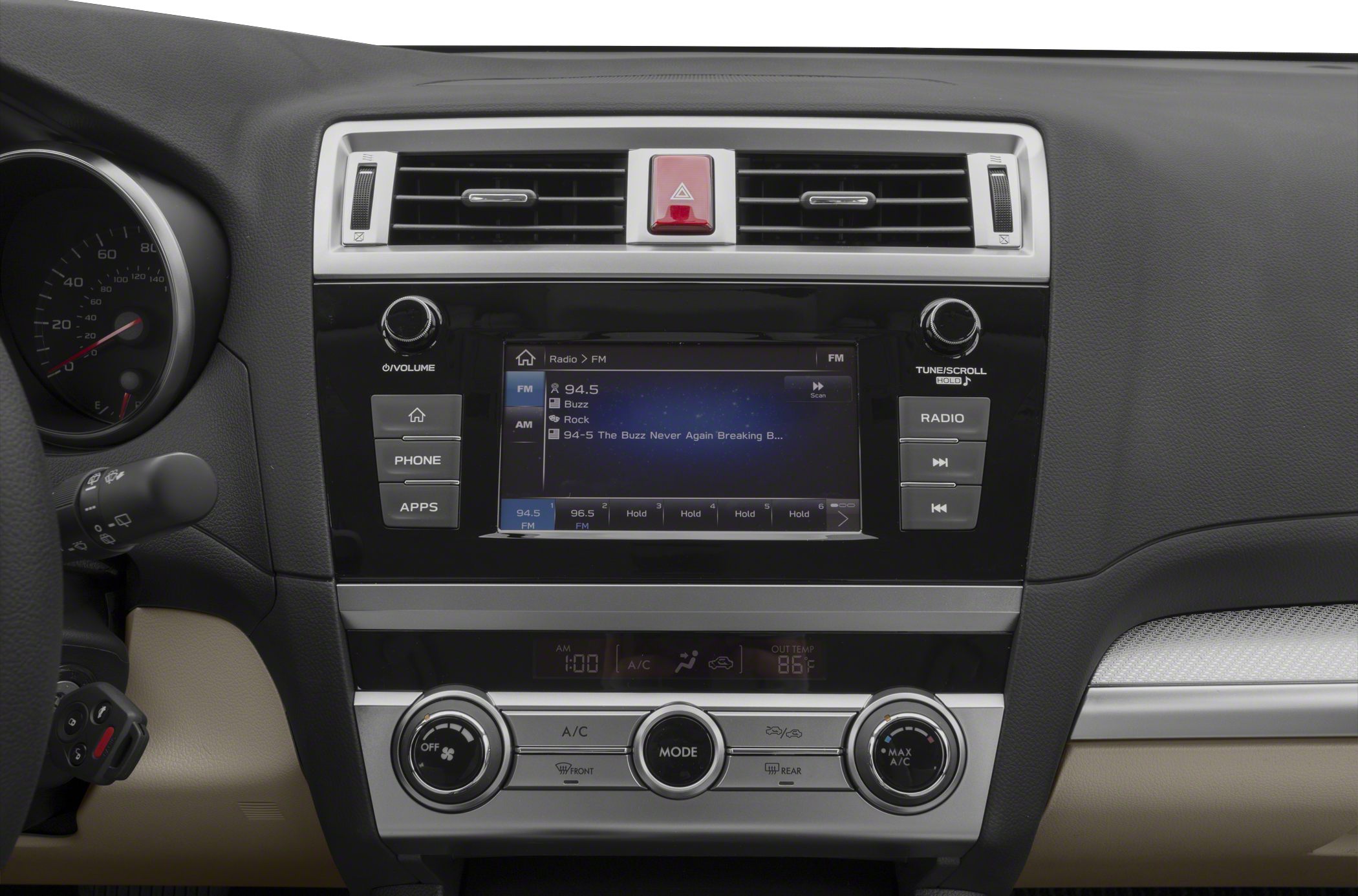 Multimedia system with radio display and climate control panel with knobs and buttons