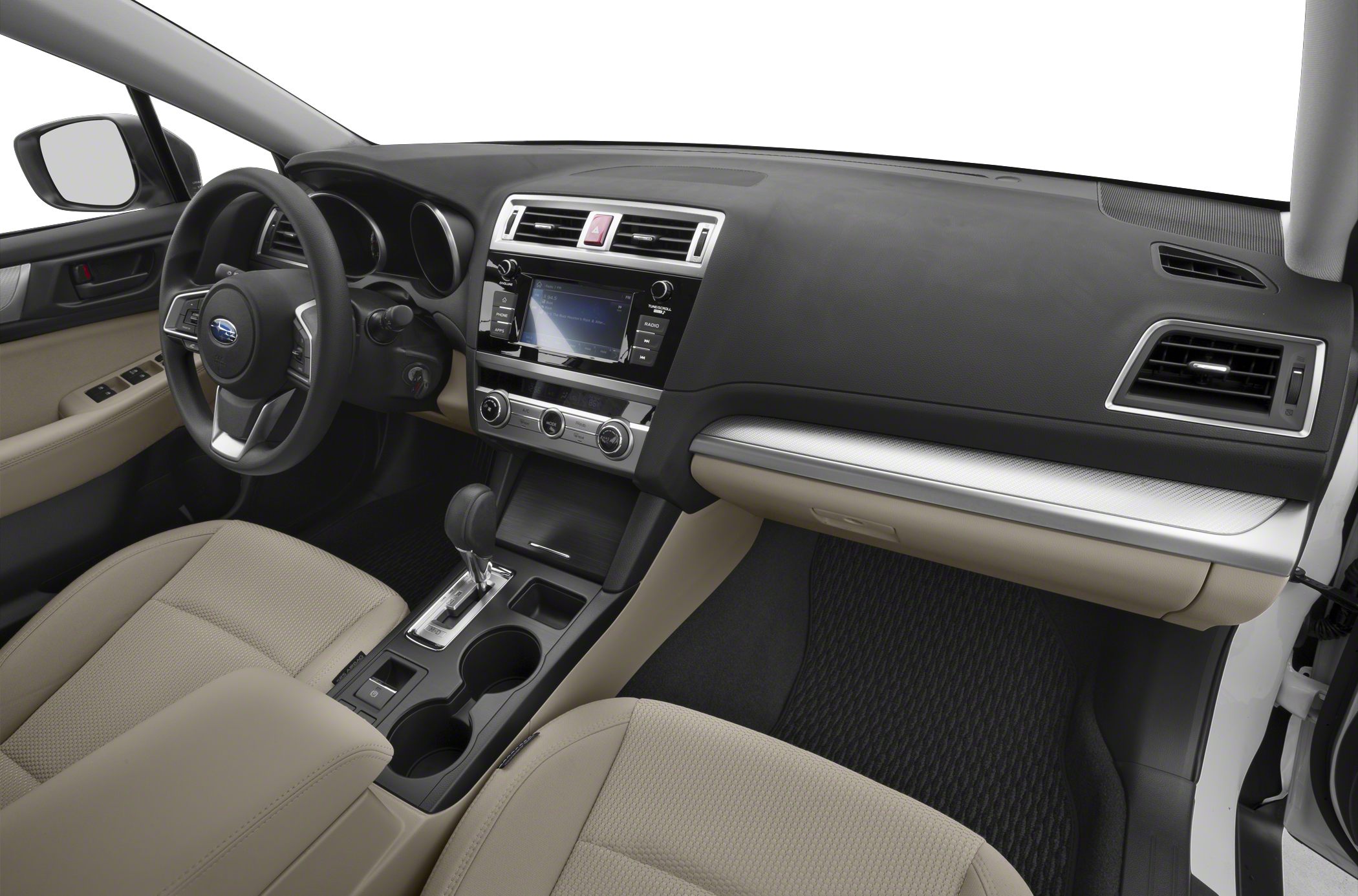 Dashboard, steering wheel, center console, beige seats interior