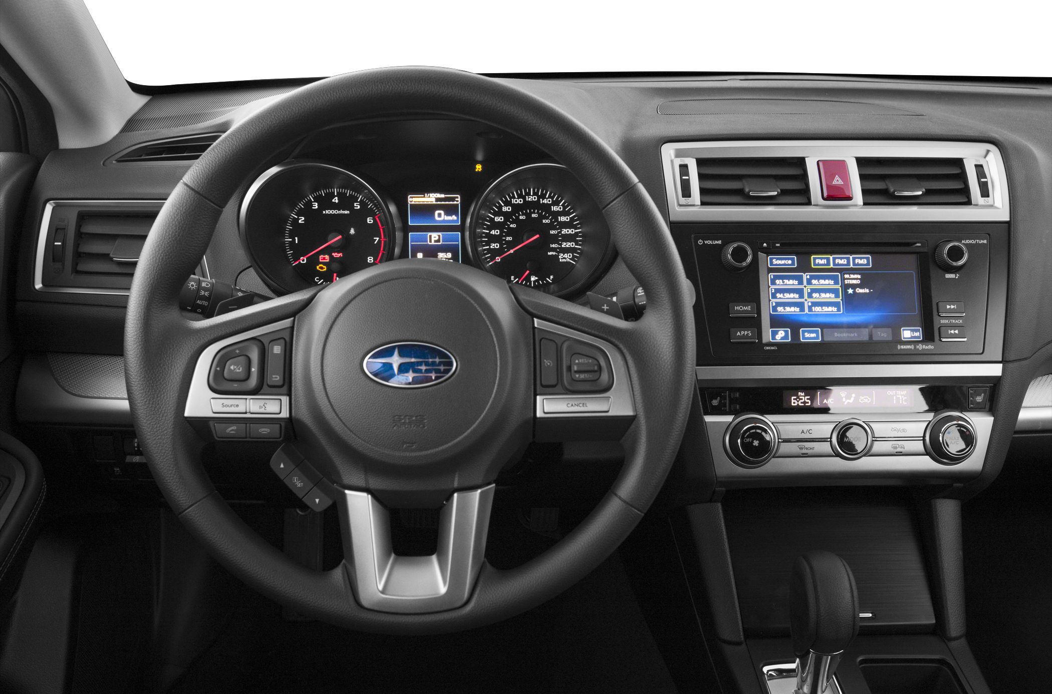 Steering wheel, instrument cluster, multimedia display, and climate controls