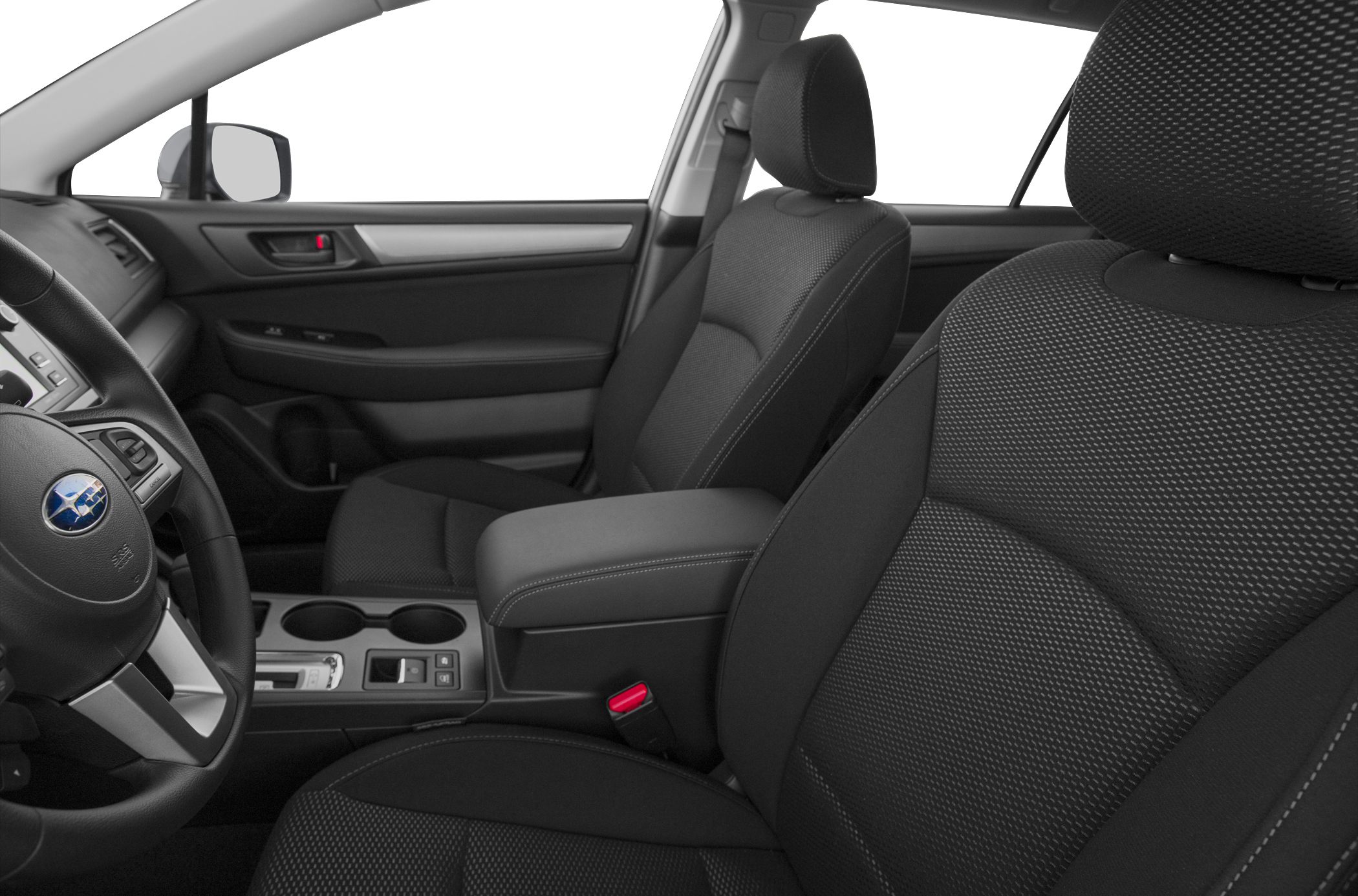 Front seats and dashboard interior with upholstery and controls