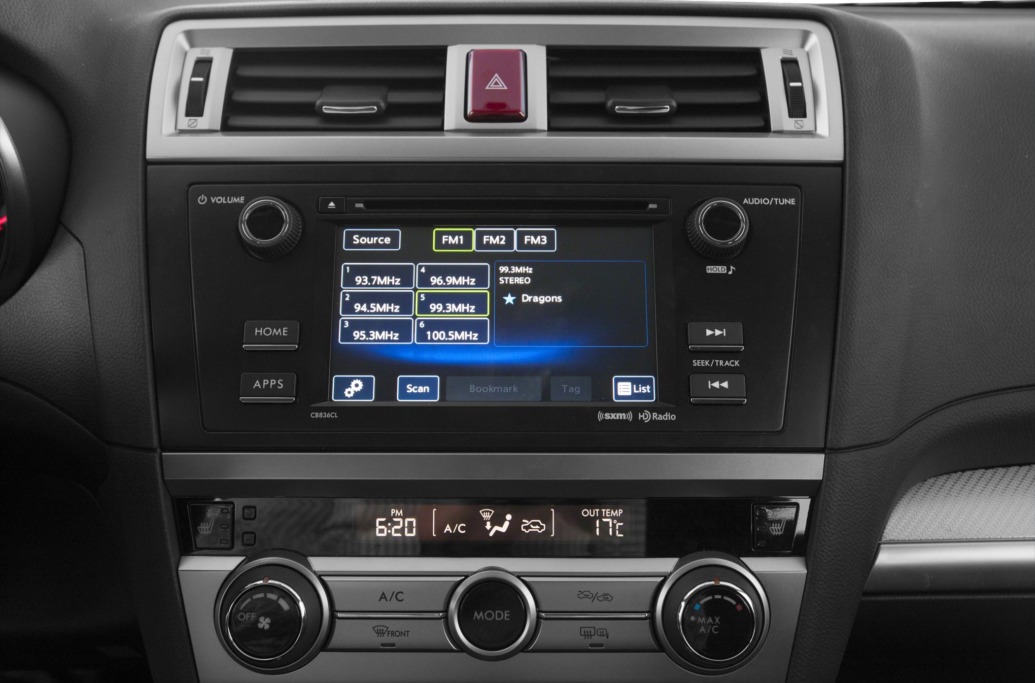 Car interior dashboard with audio system and climate control panel
