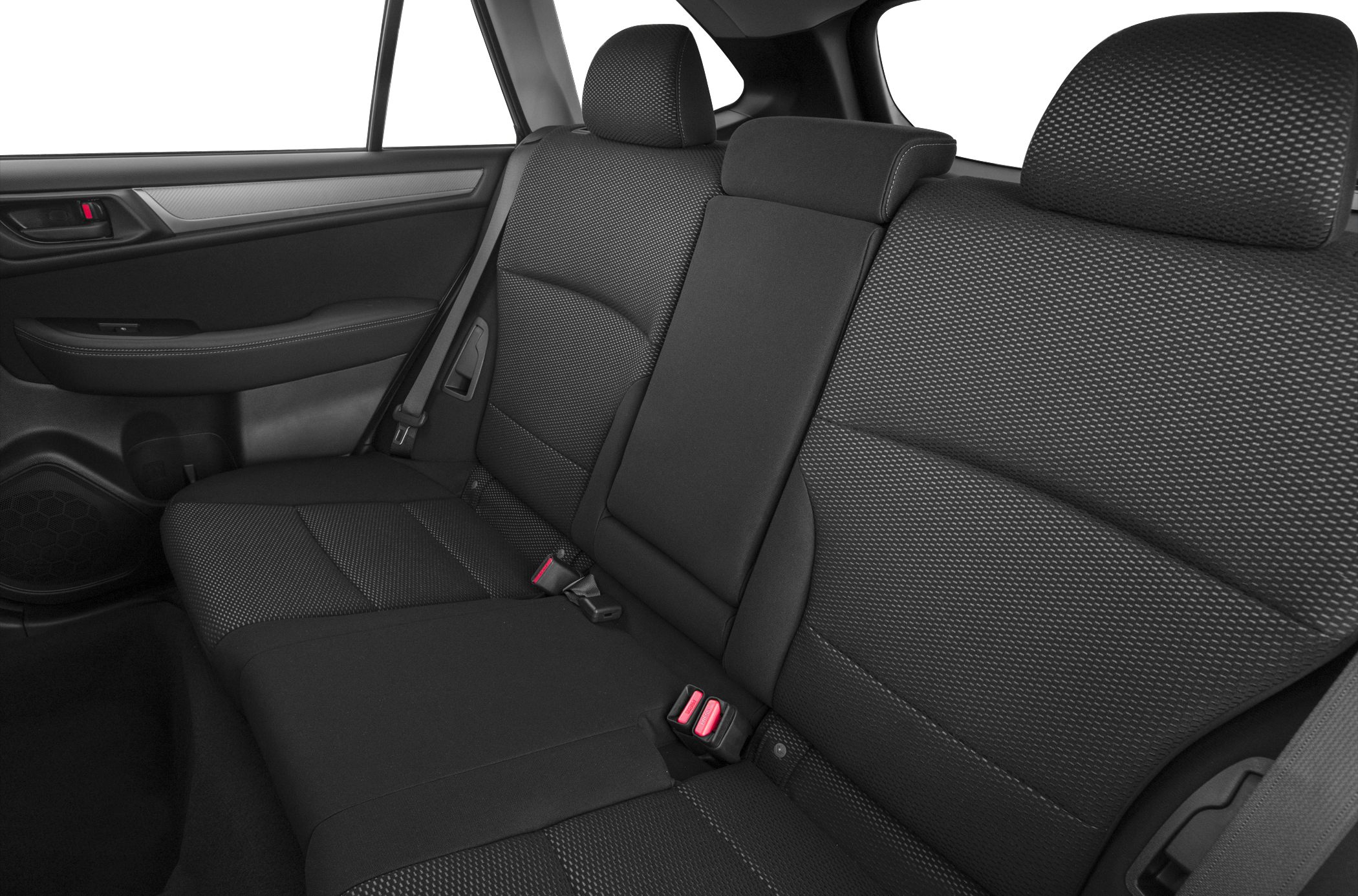 Rear seat interior with textured upholstery and seatbelt features