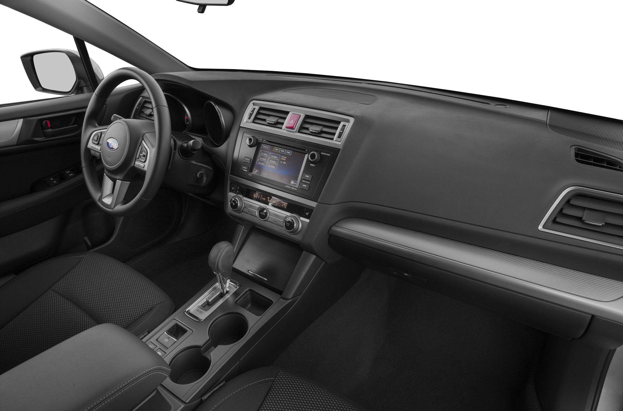Modern interior dashboard and center console with touchscreen display and automatic gear shift
