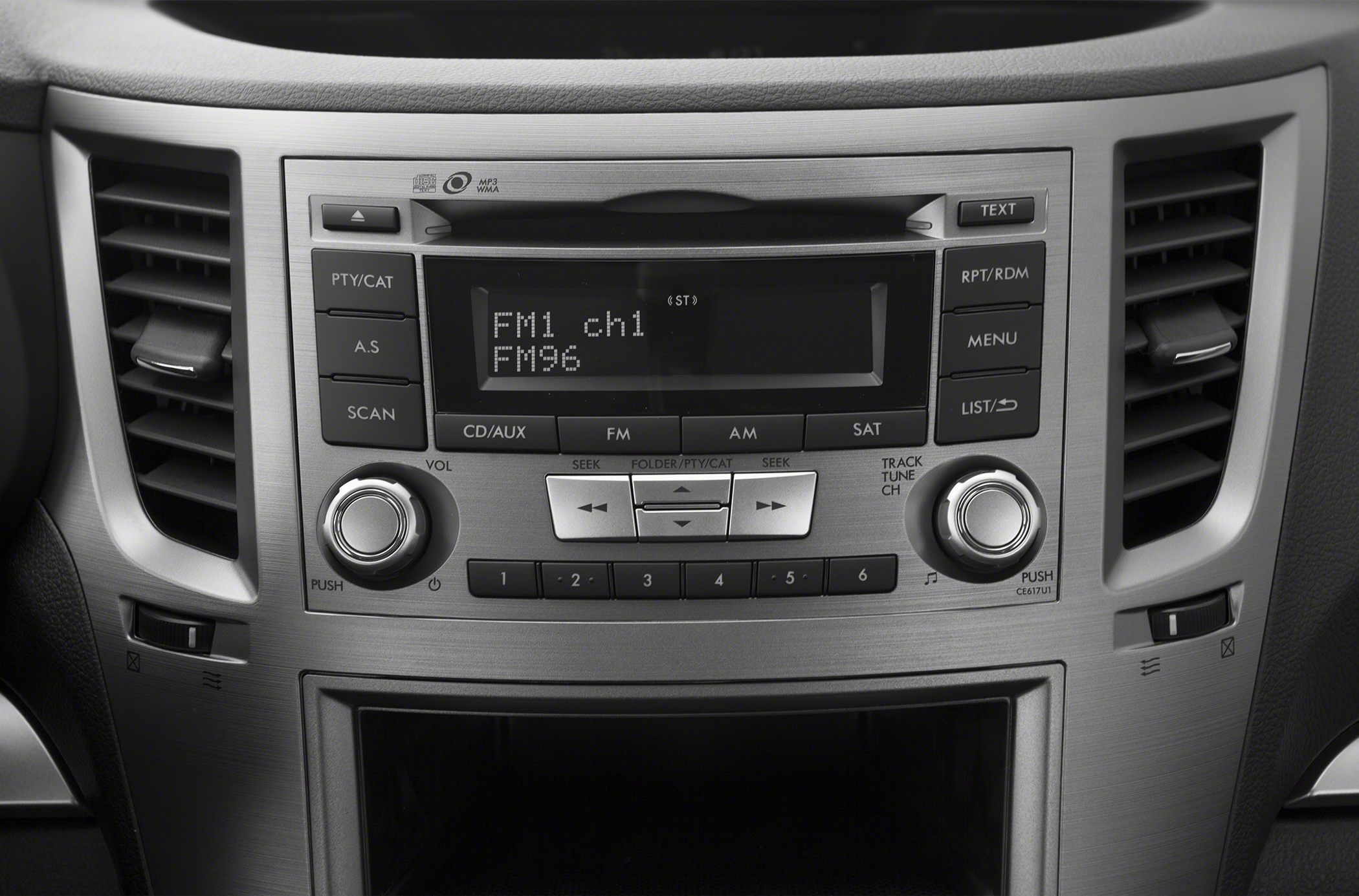 Stereo radio console with FM display and audio control knobs