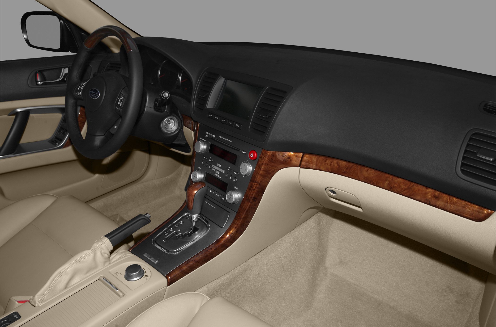 Dashboard and center console with wooden trim and automatic gear shift