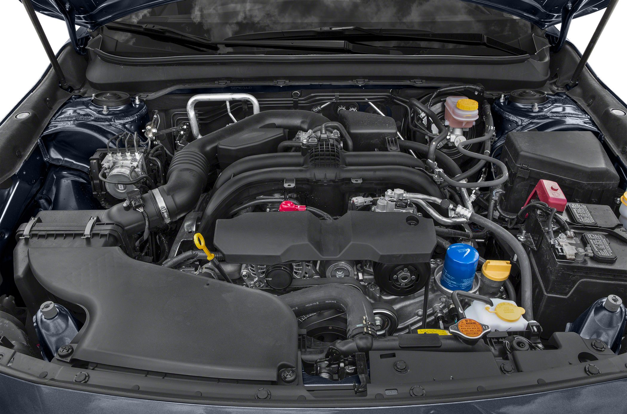 Engine compartment with air intake, fluid reservoirs, and belts