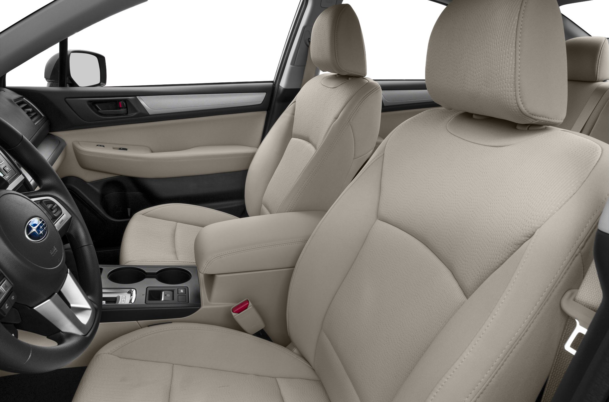Beige front seats and center console with dual cup holders