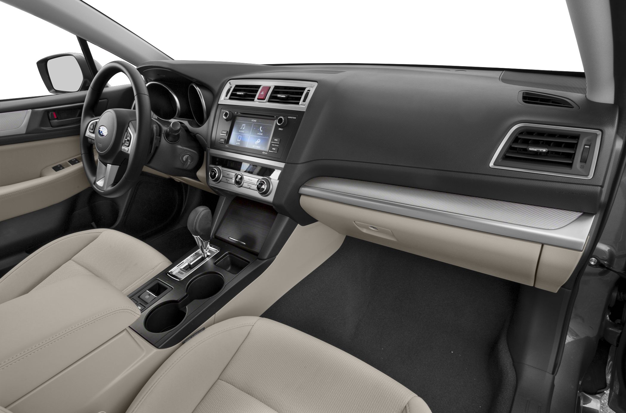 Modern dashboard and touchscreen infotainment with beige seats and center console