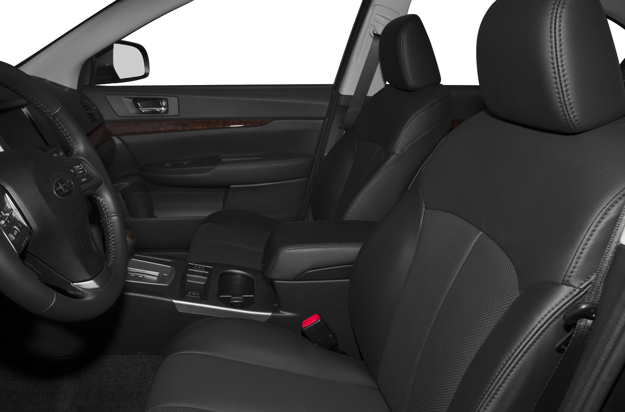 Black leather front seats with detailed stitching and modern dashboard elements.