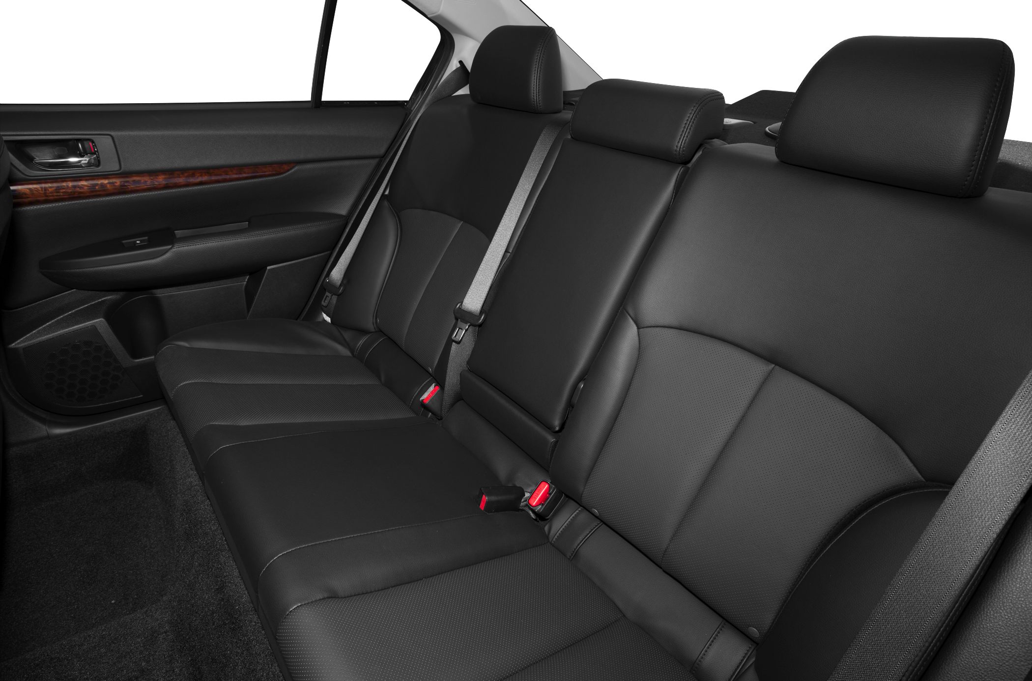 Rear leather seats with seat belts and door panel featuring wood trim