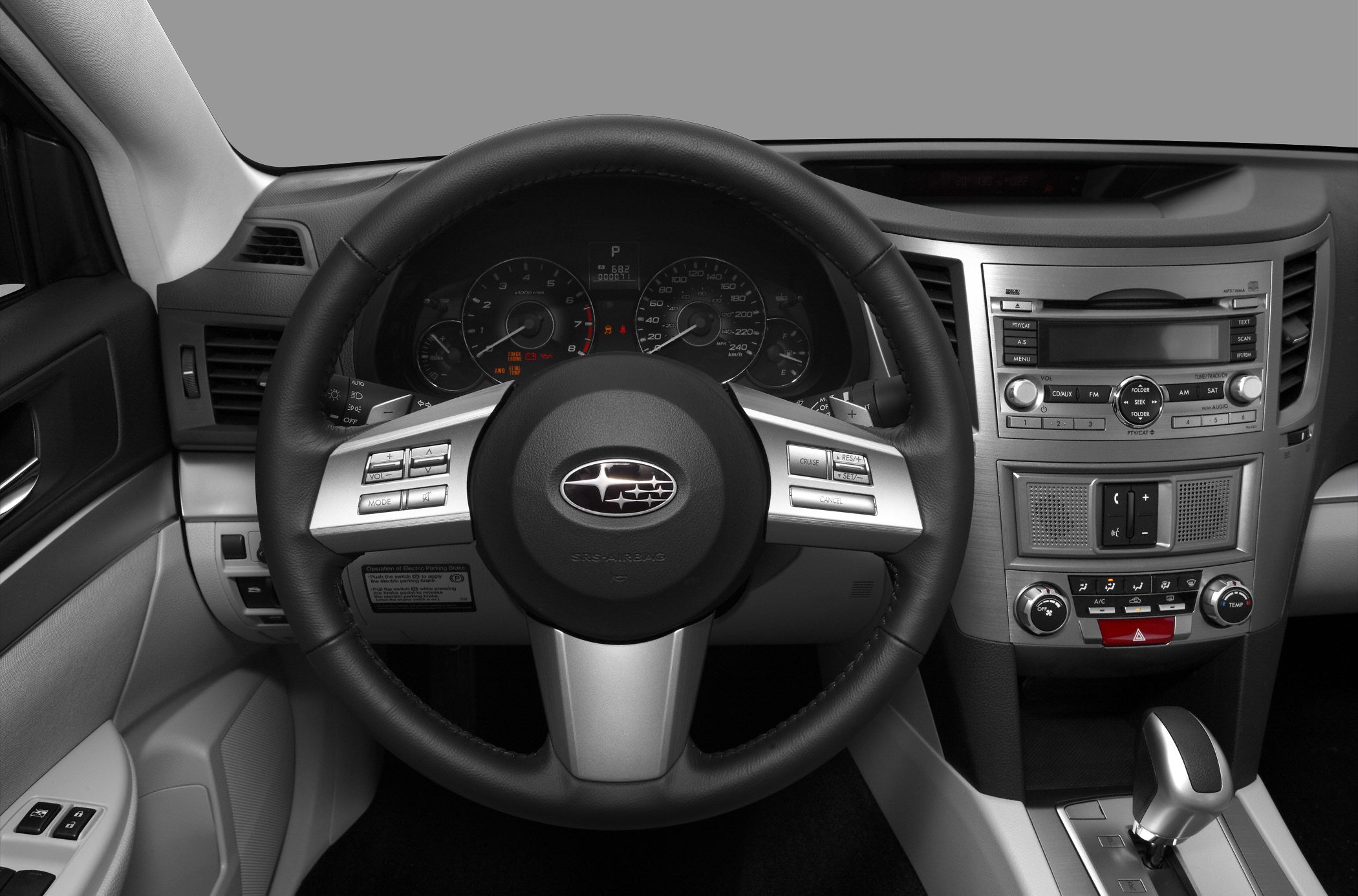 Steering wheel, instrument cluster, center console with audio and climate controls