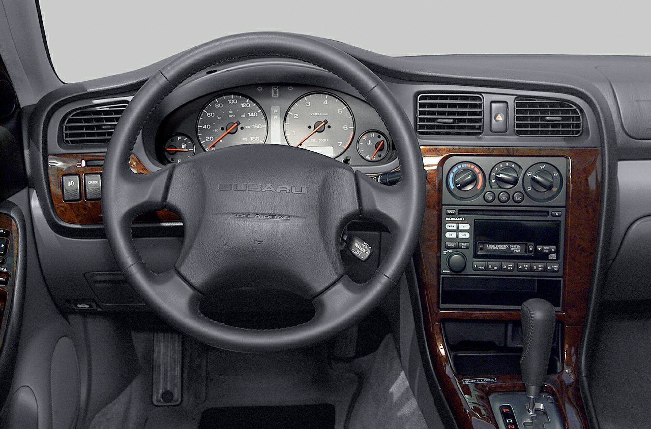Dashboard and steering wheel with wood trim and analog gauges