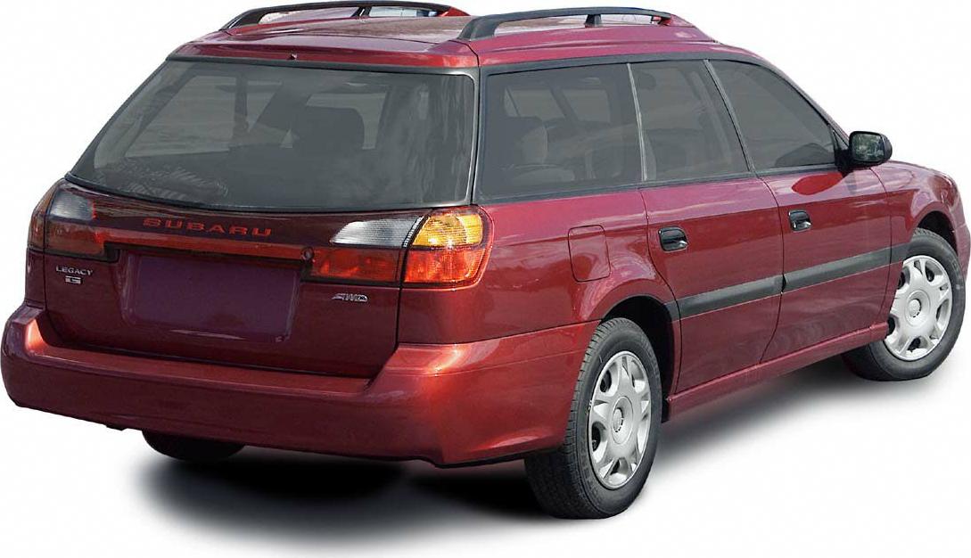 Rear-side view of a red station wagon with roof rails and distinct tail lights