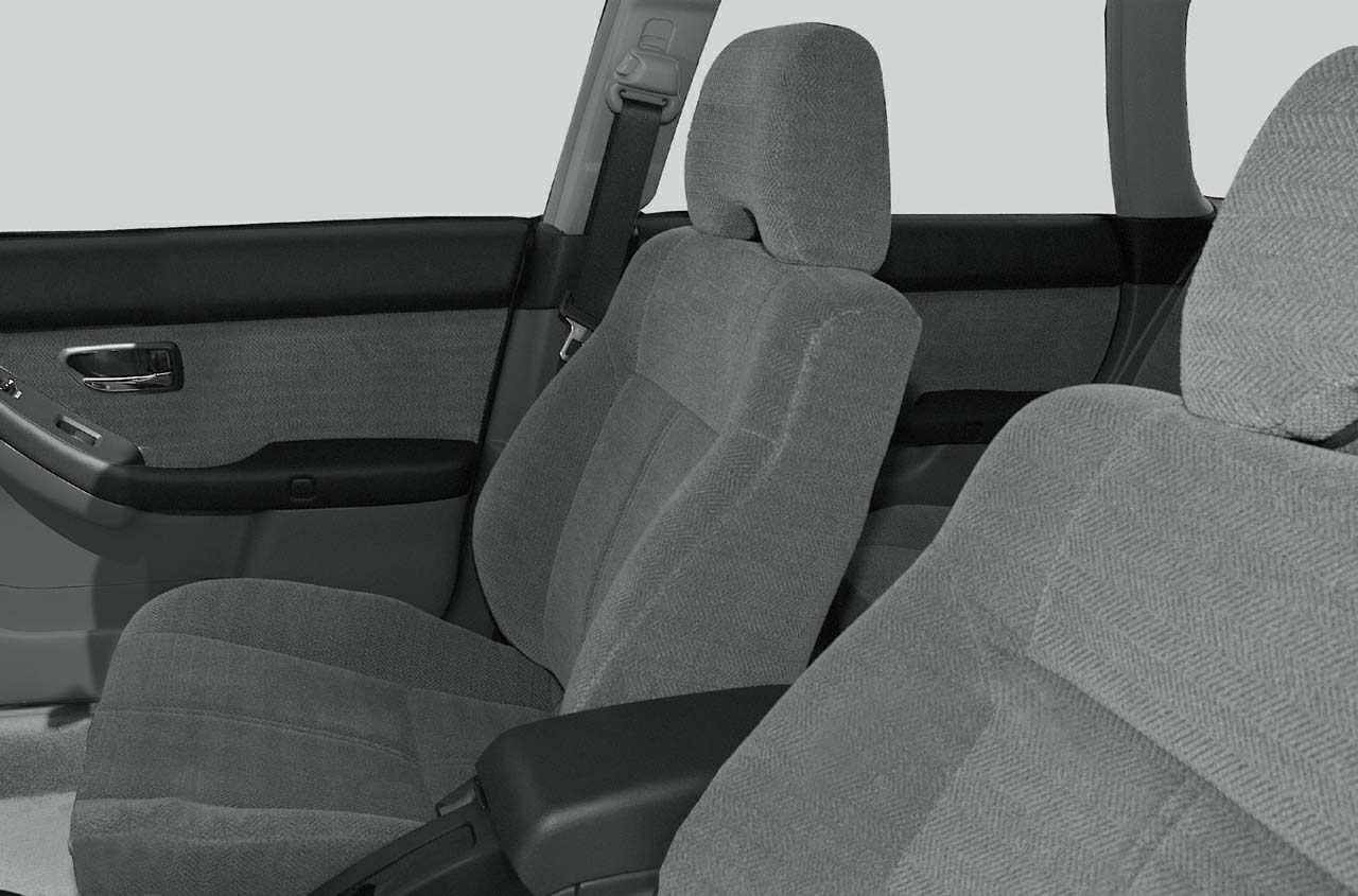 Close-up of fabric upholstered front seats and door panel.