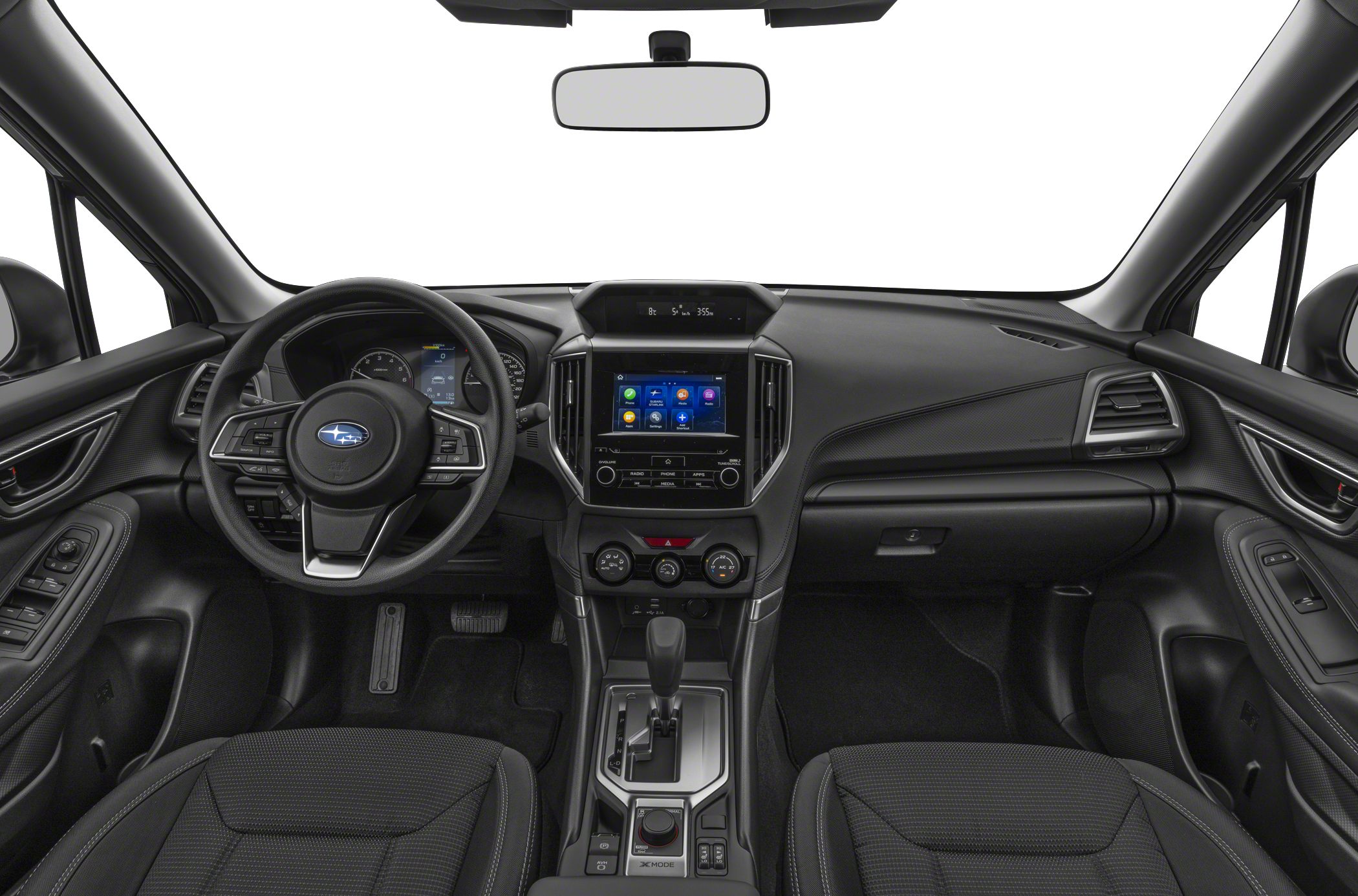 Modern car interior with touchscreen dashboard and ergonomic center console