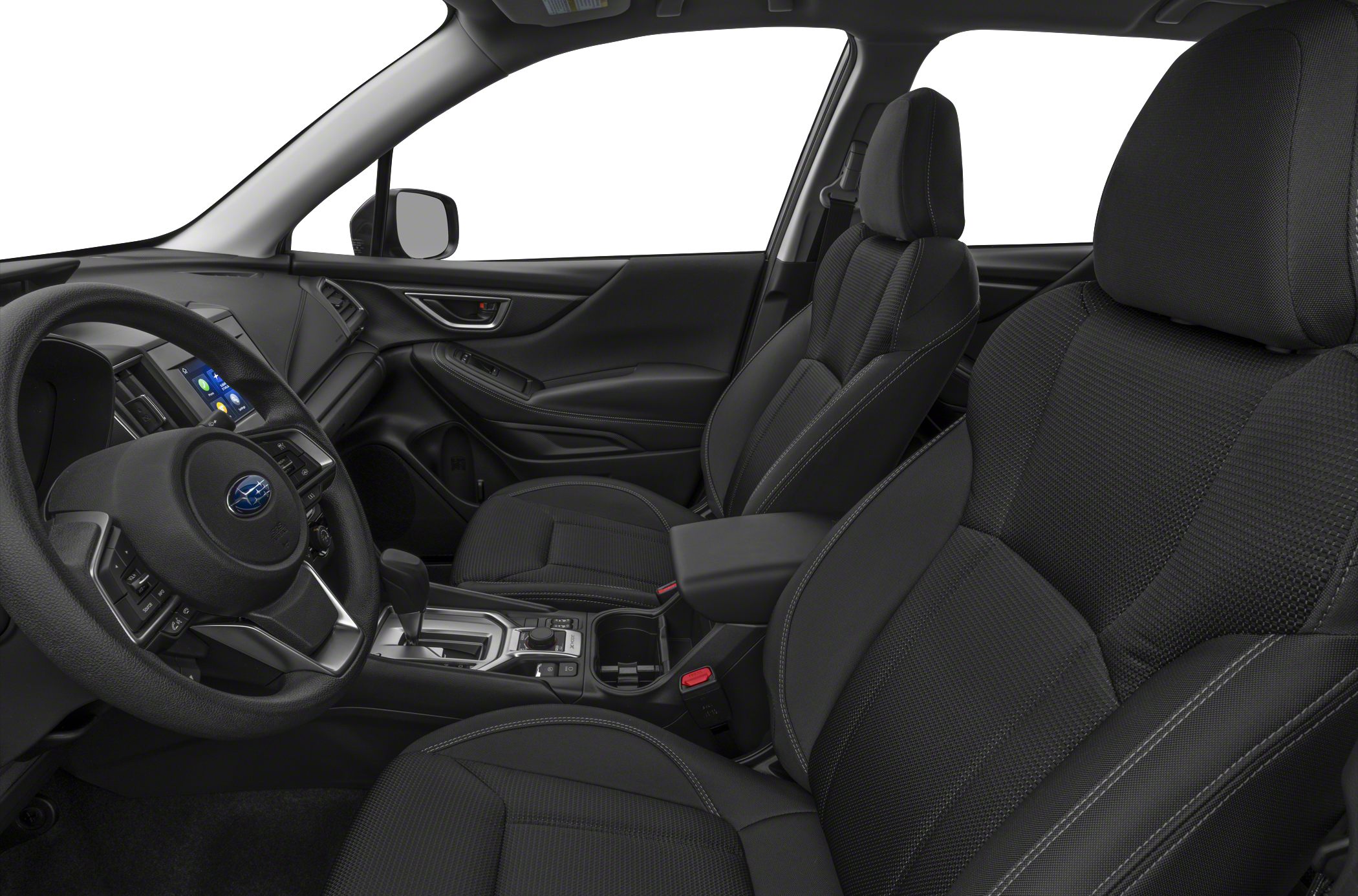 Modern black front seats and center console with steering wheel