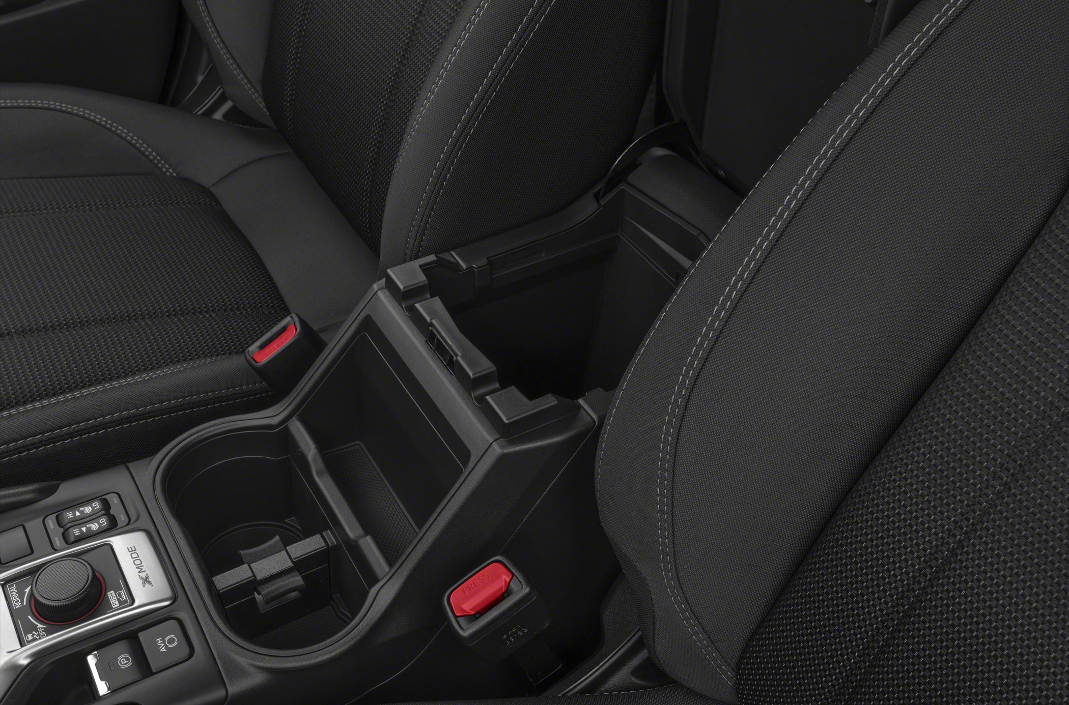Center console with cup holders and fabric front seats with stitching