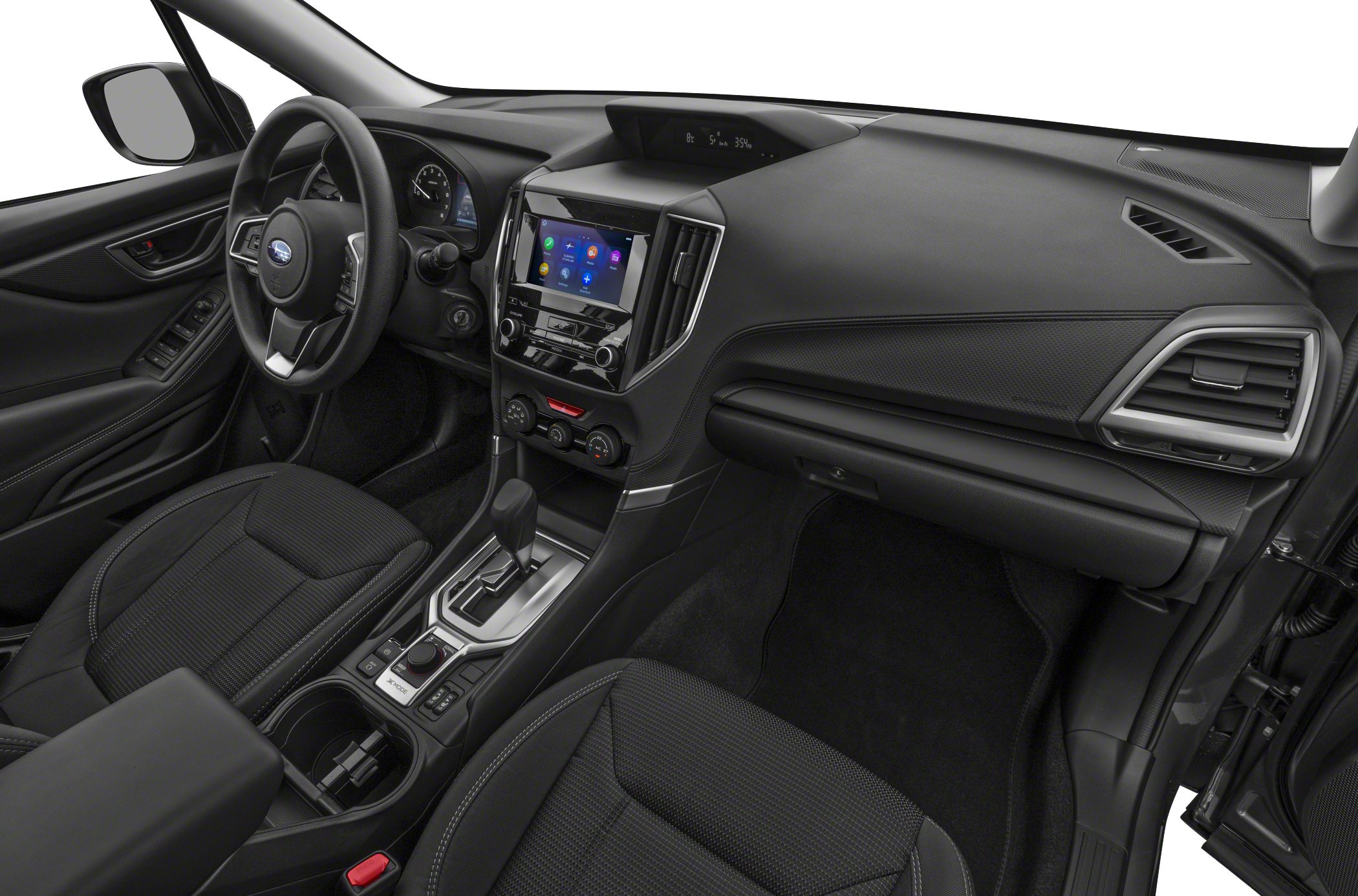 Modern car interior with dashboard, touchscreen, steering wheel, and center console