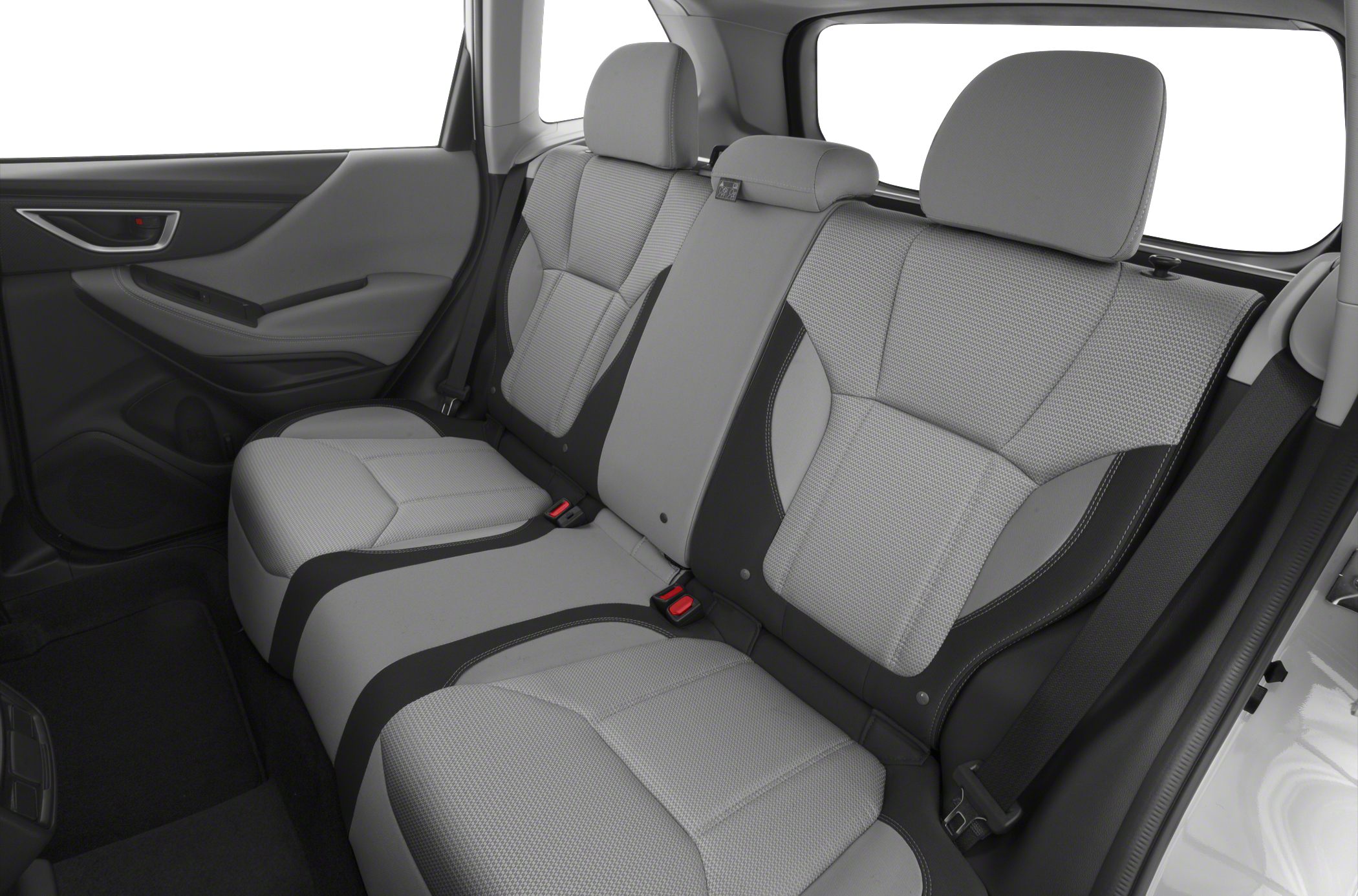 Rear seat upholstery and interior design with headrests and seat belts