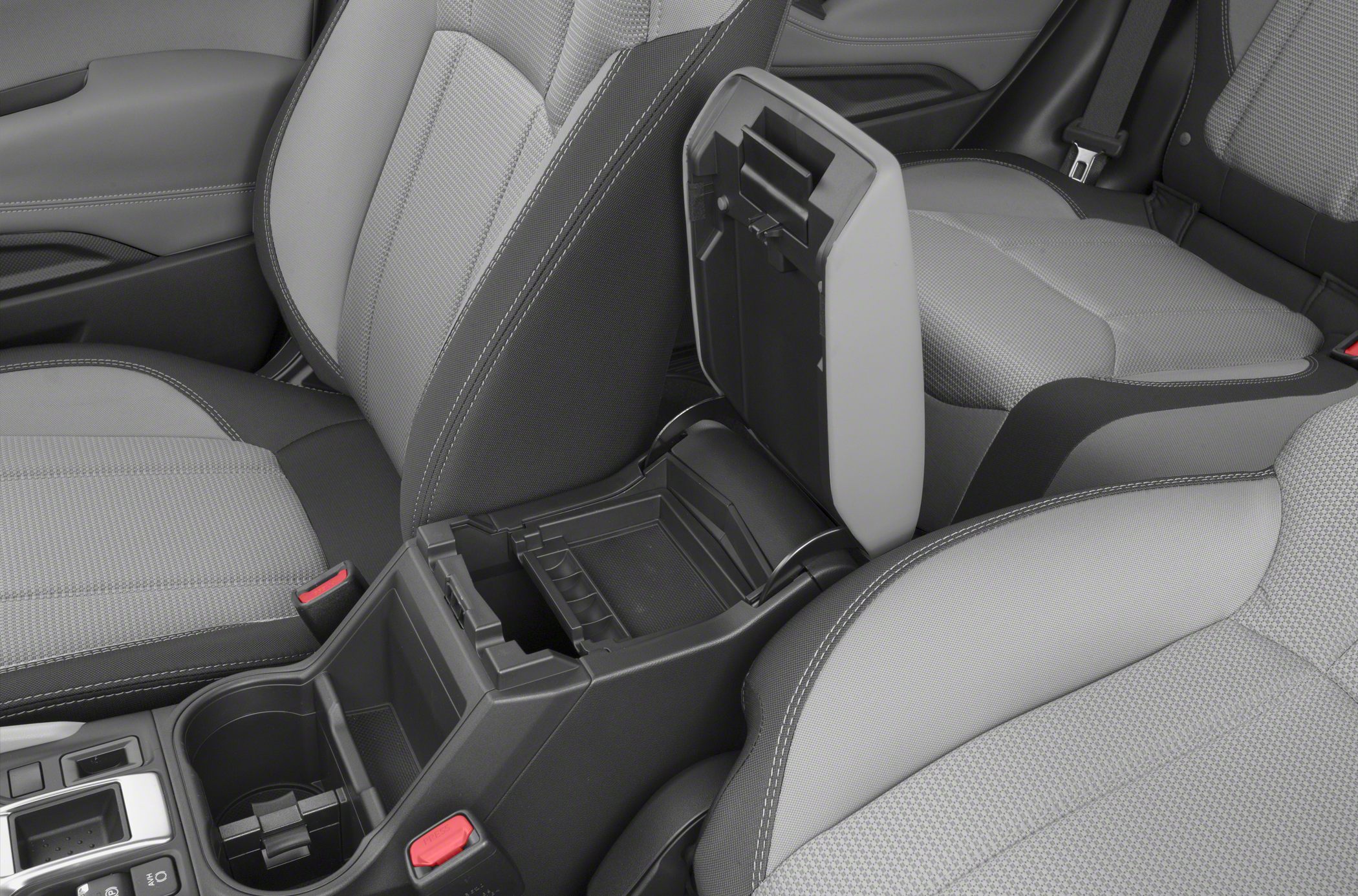 Center console storage and front seats upholstery detail