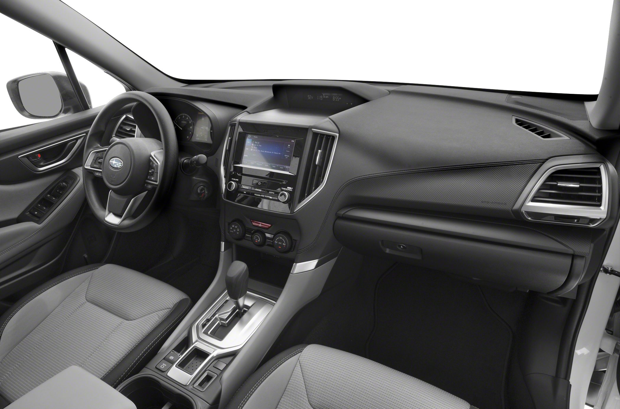 Modern car interior dashboard with touchscreen and automatic gear shift