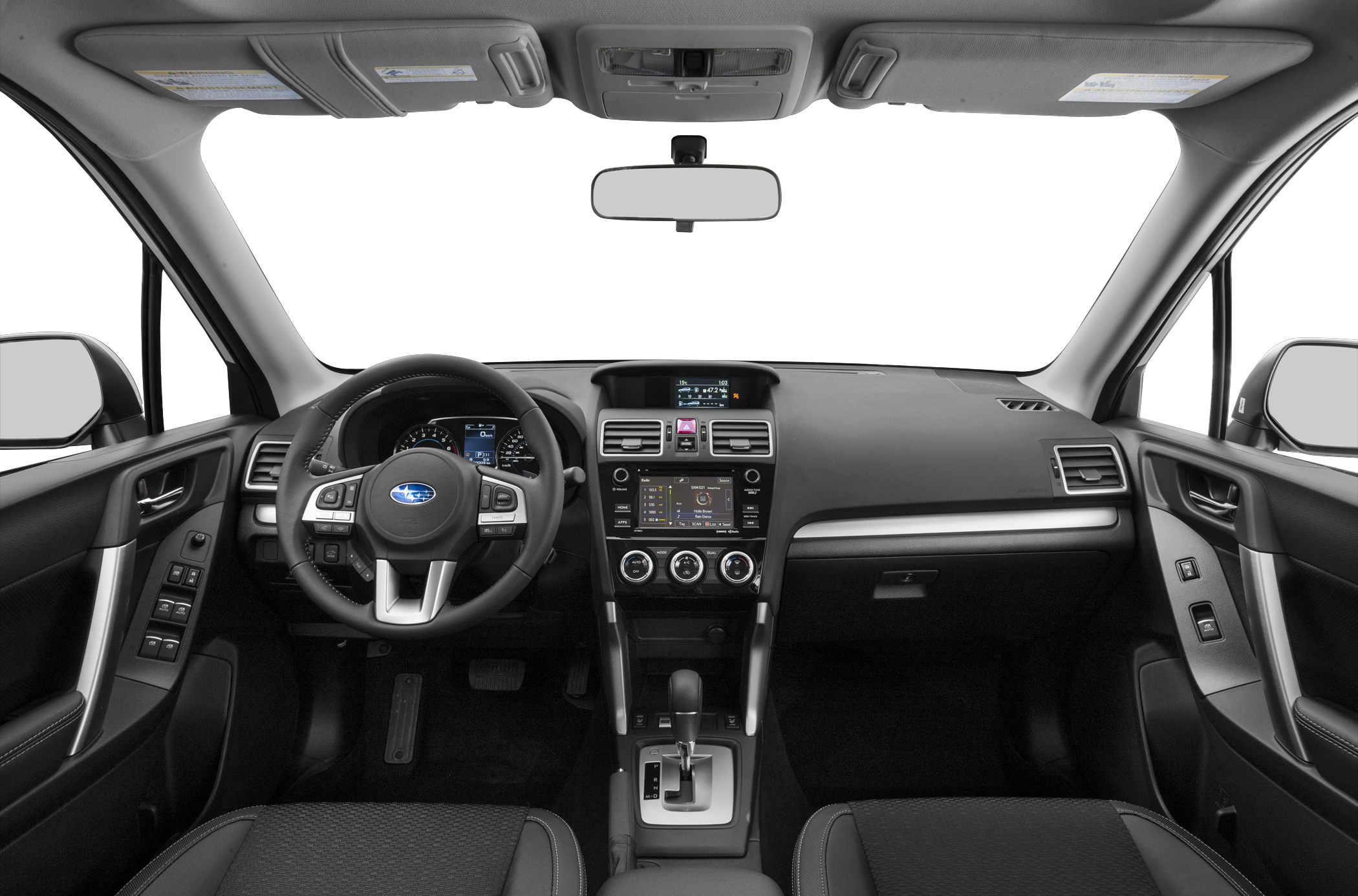 Dashboard, steering wheel, infotainment system, and gear shift view.