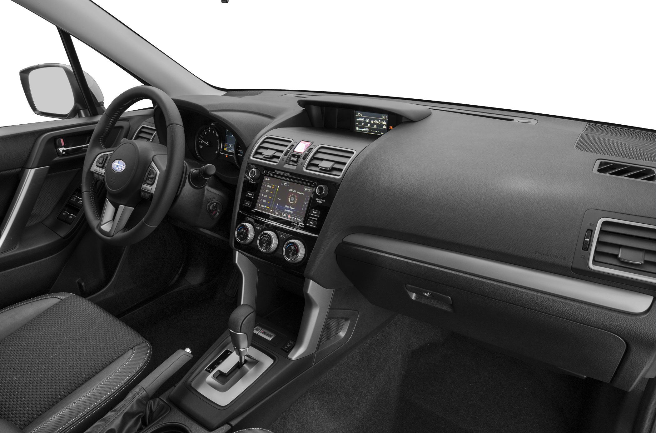 Interior dashboard with infotainment, climate controls, and gear shifter