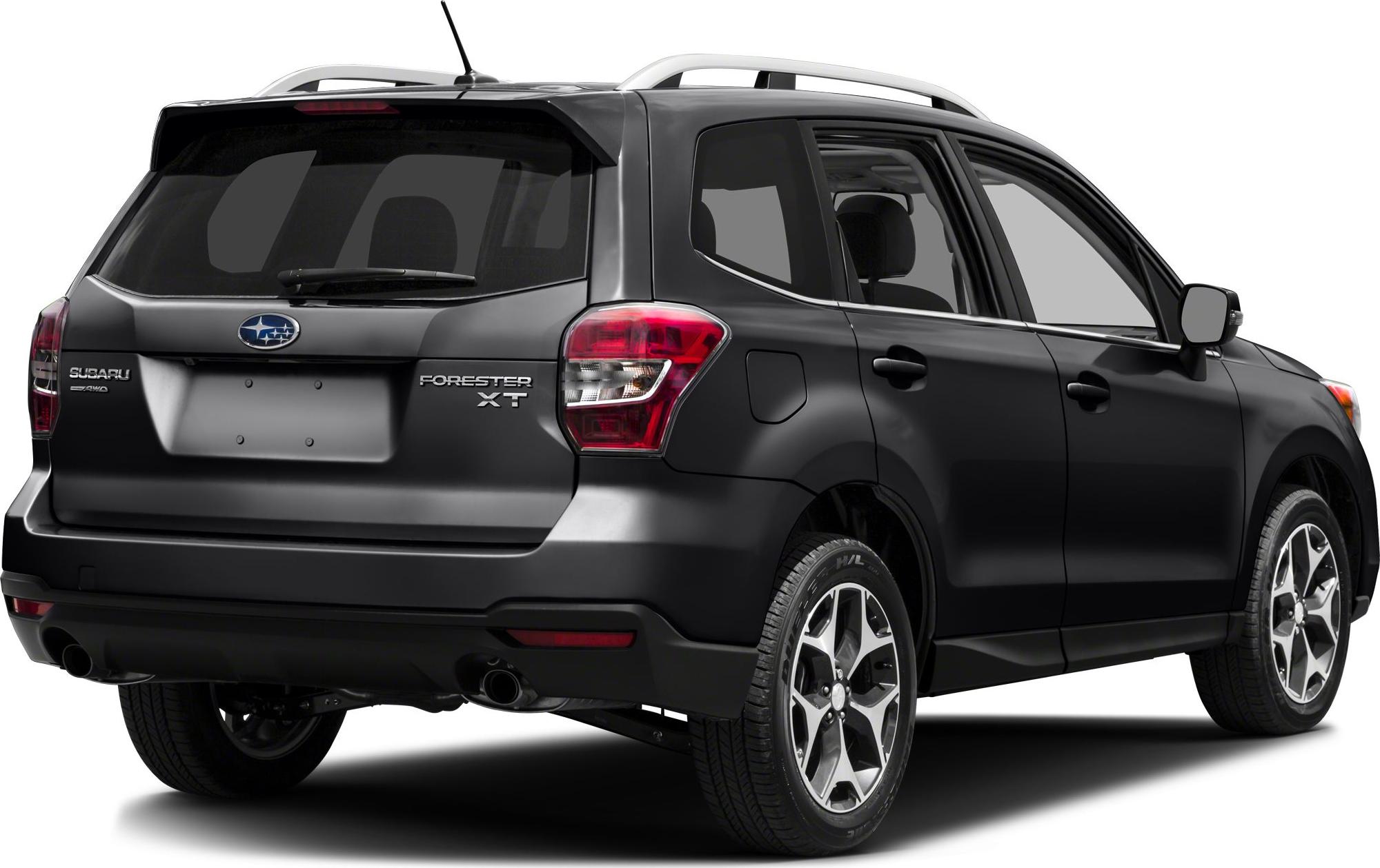 Rear view of Subaru SUV with taillights, roof rails, alloy wheels, and rear spoiler