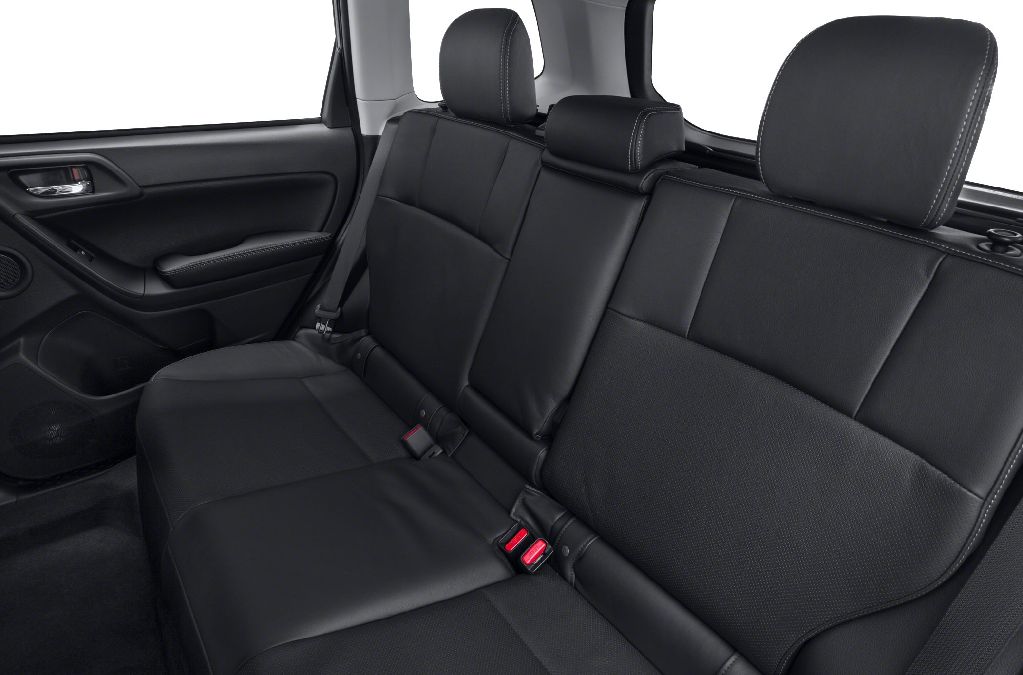Rear seat interior with black leather upholstery and headrests