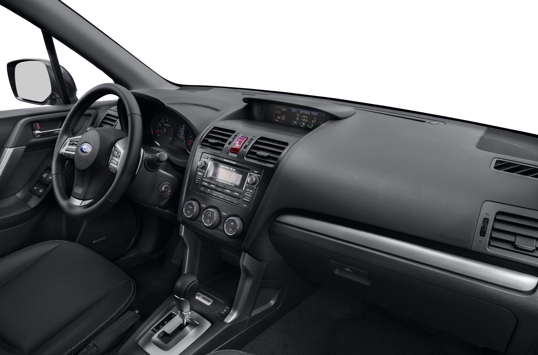 Dashboard, steering wheel, and center console with controls