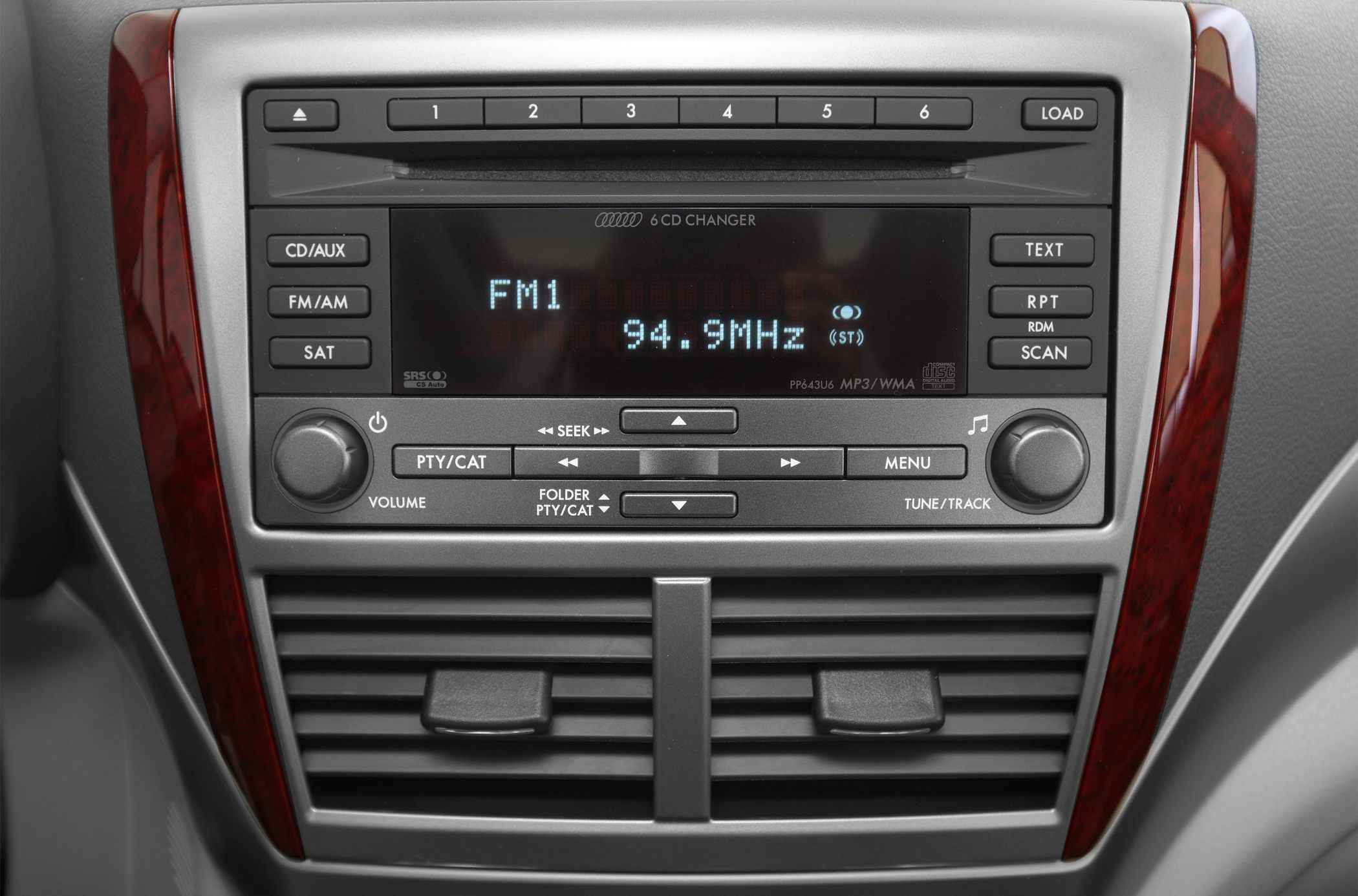 Close-up of car stereo system and air vents with control buttons and display