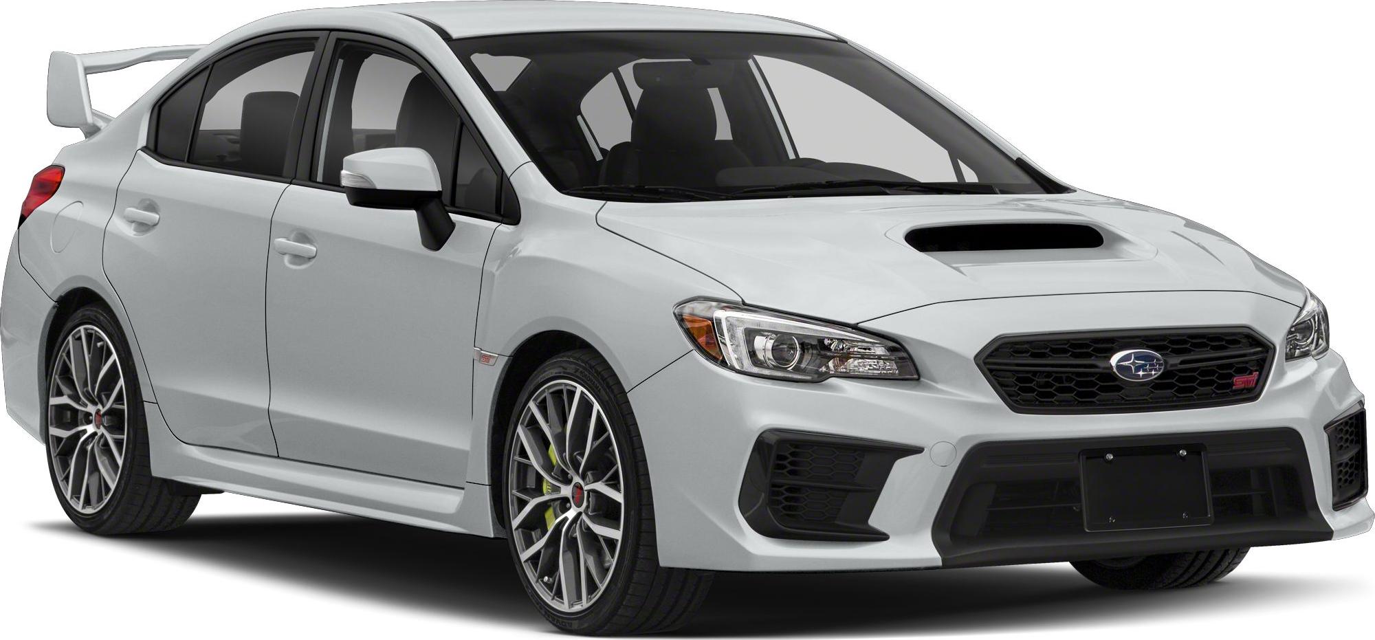 White sedan with hood scoop, rear wing spoiler, sporty front design