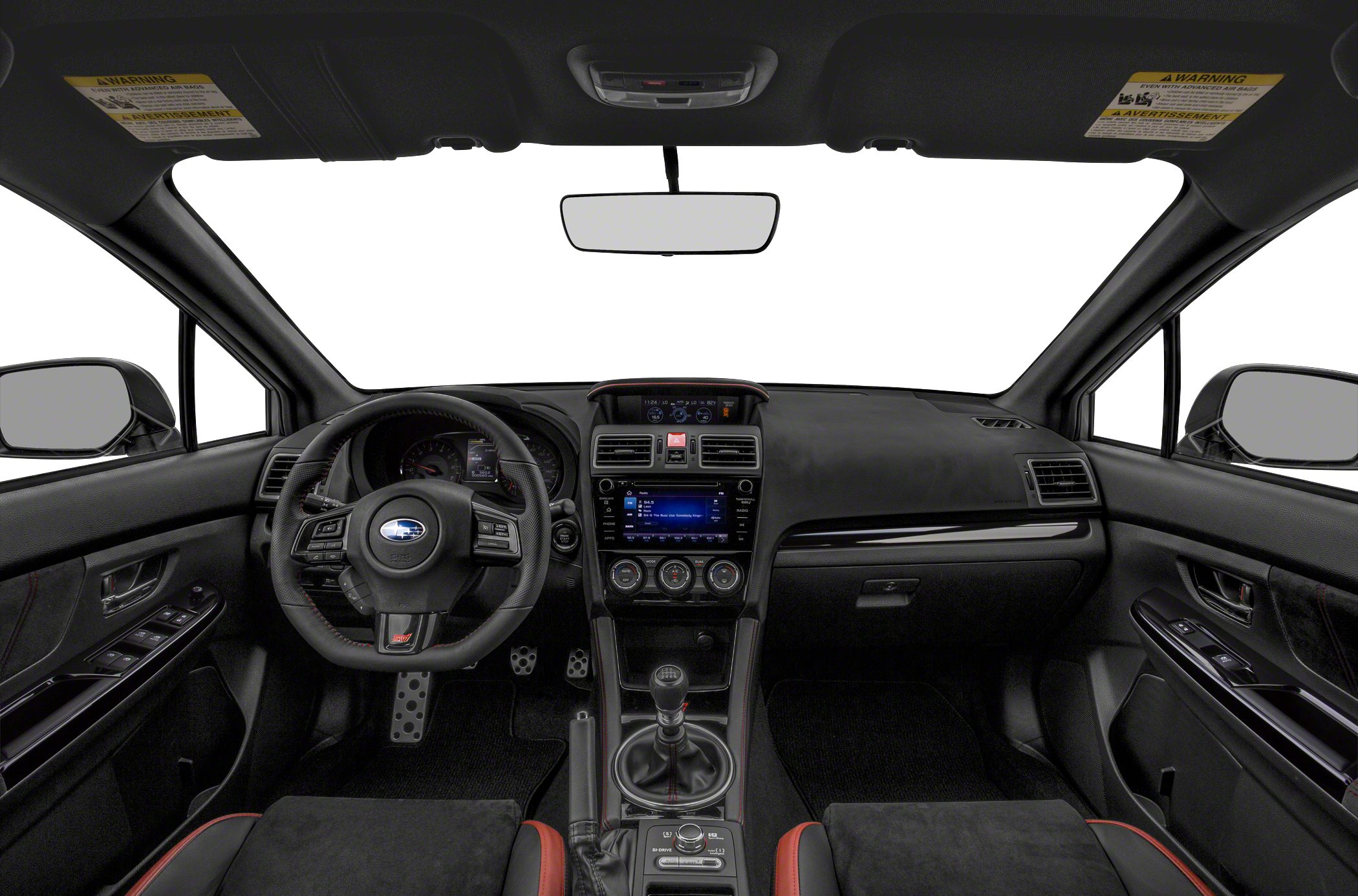 Sporty steering wheel and manual transmission cockpit with infotainment center