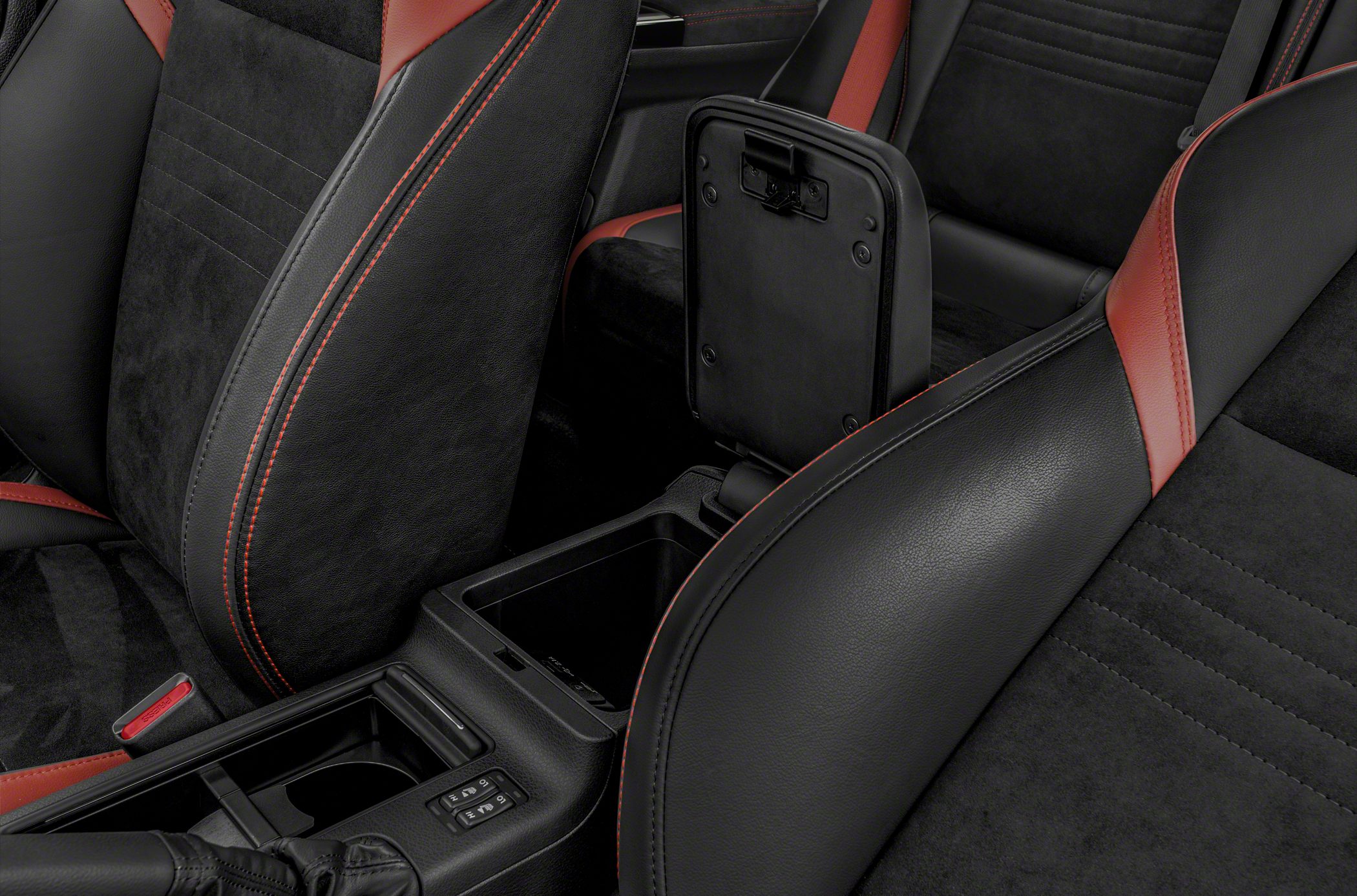 Red stitched black leather seats and open center armrest storage