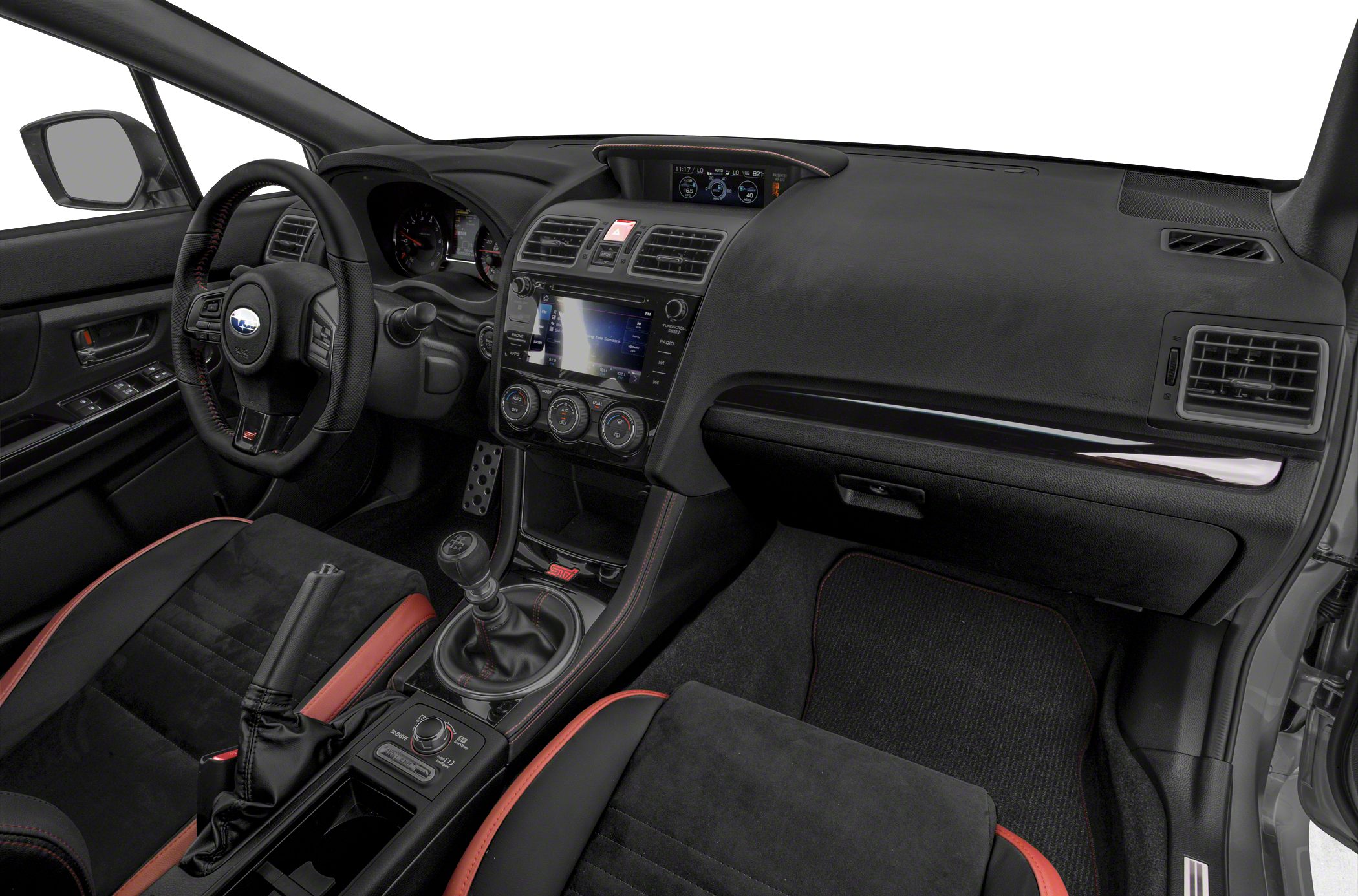 Dashboard view with manual gear shifter and sporty seats