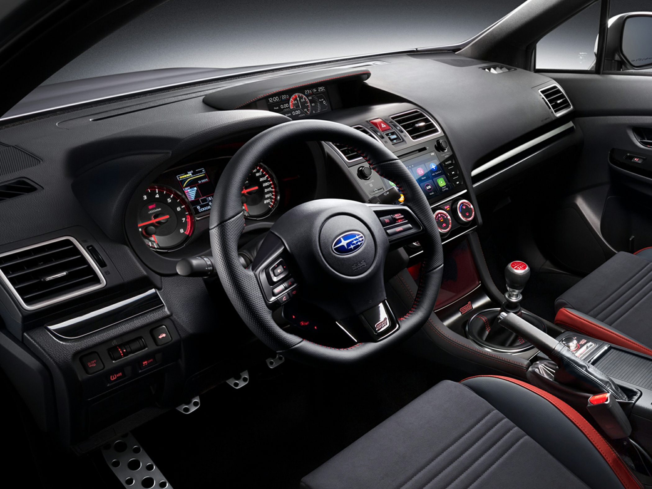 Sporty car interior with manual gear shift and digital dashboard