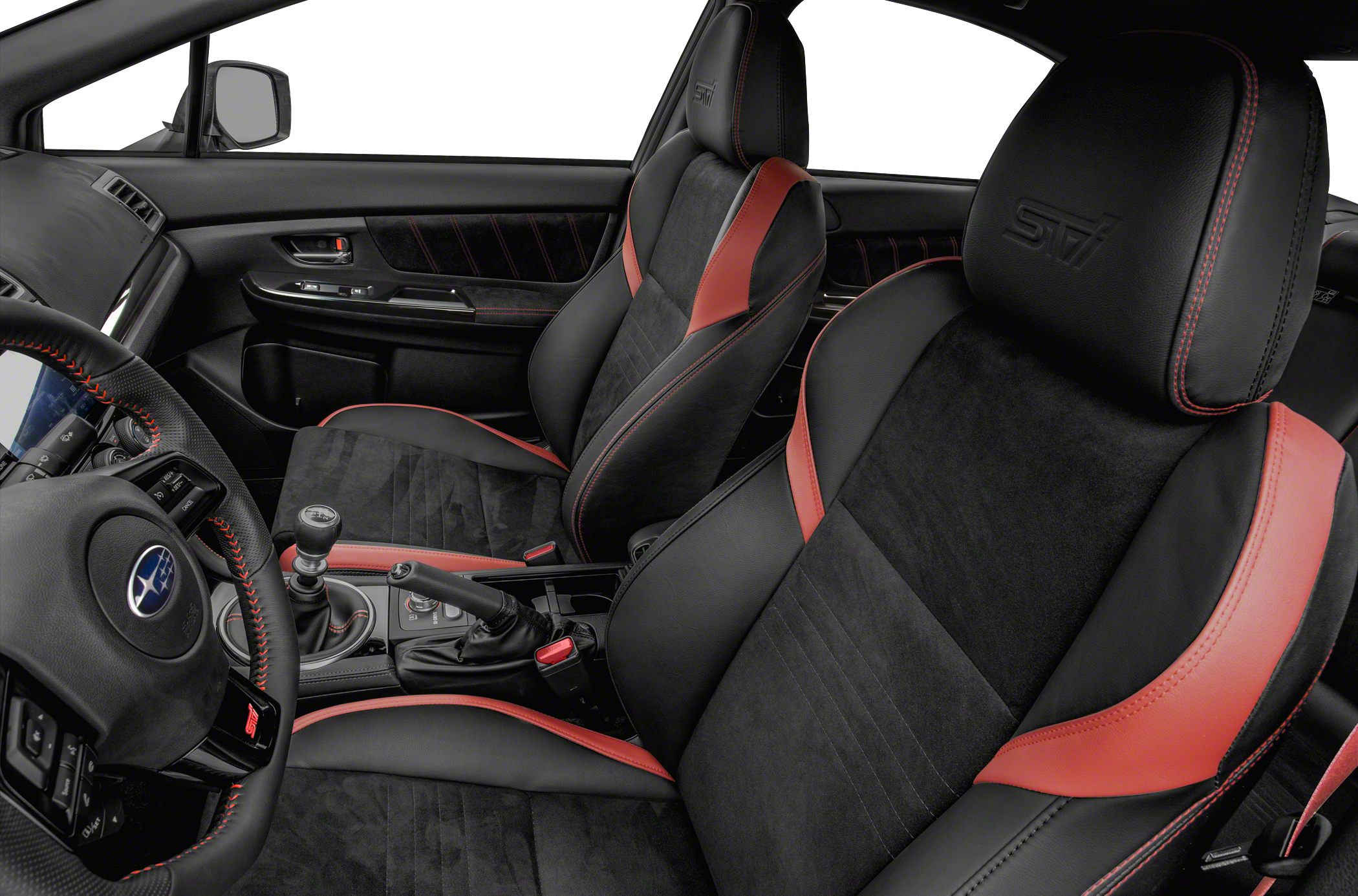 Sporty black and red seats with manual gearshift and STI branding
