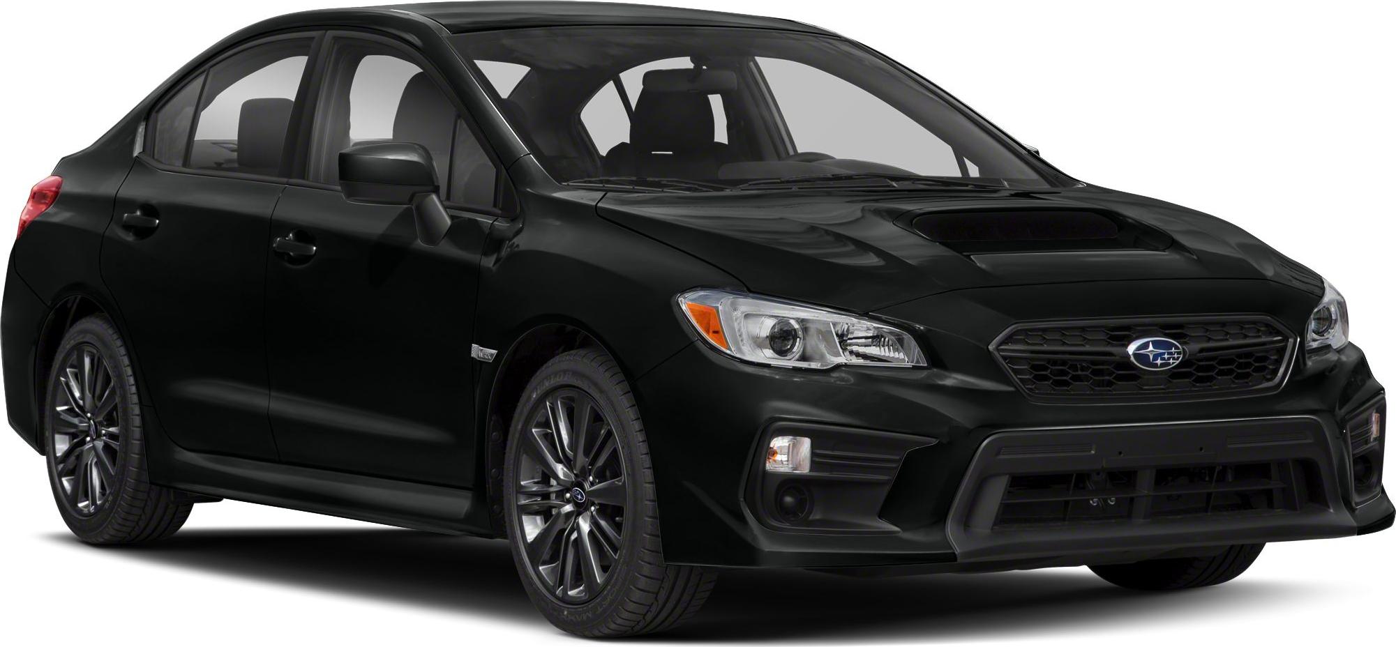 Black sedan front-side view with hood scoop and alloy wheels