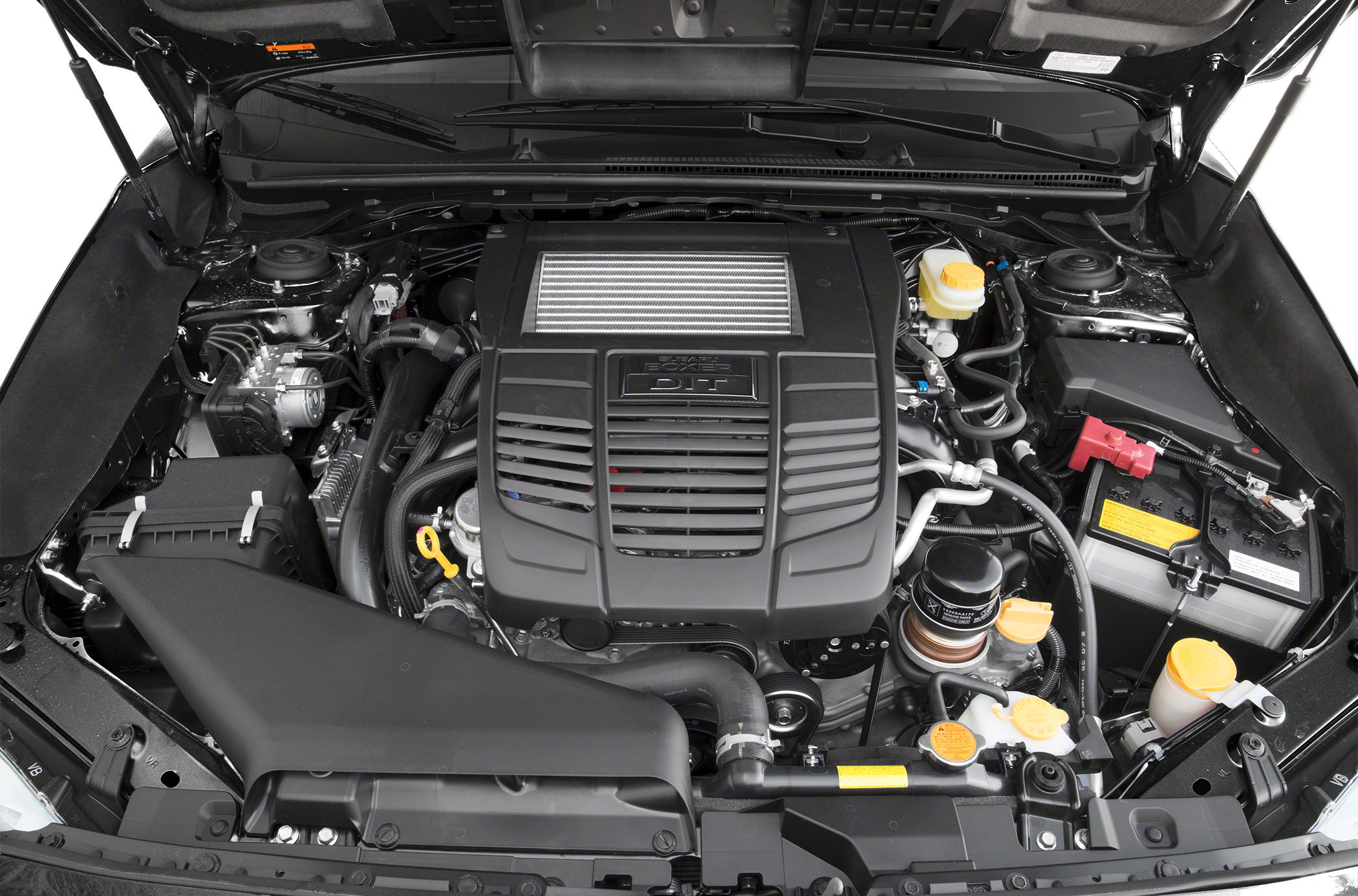 Turbocharged boxer engine with air intake and battery in engine bay