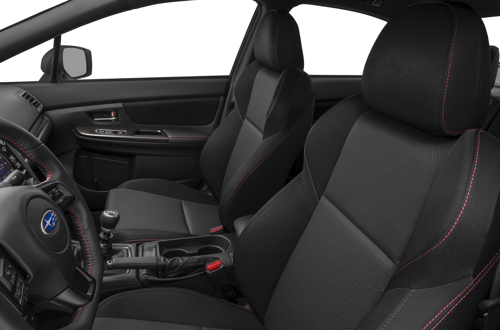 Black sport seats with red stitching and manual gear shifter inside car