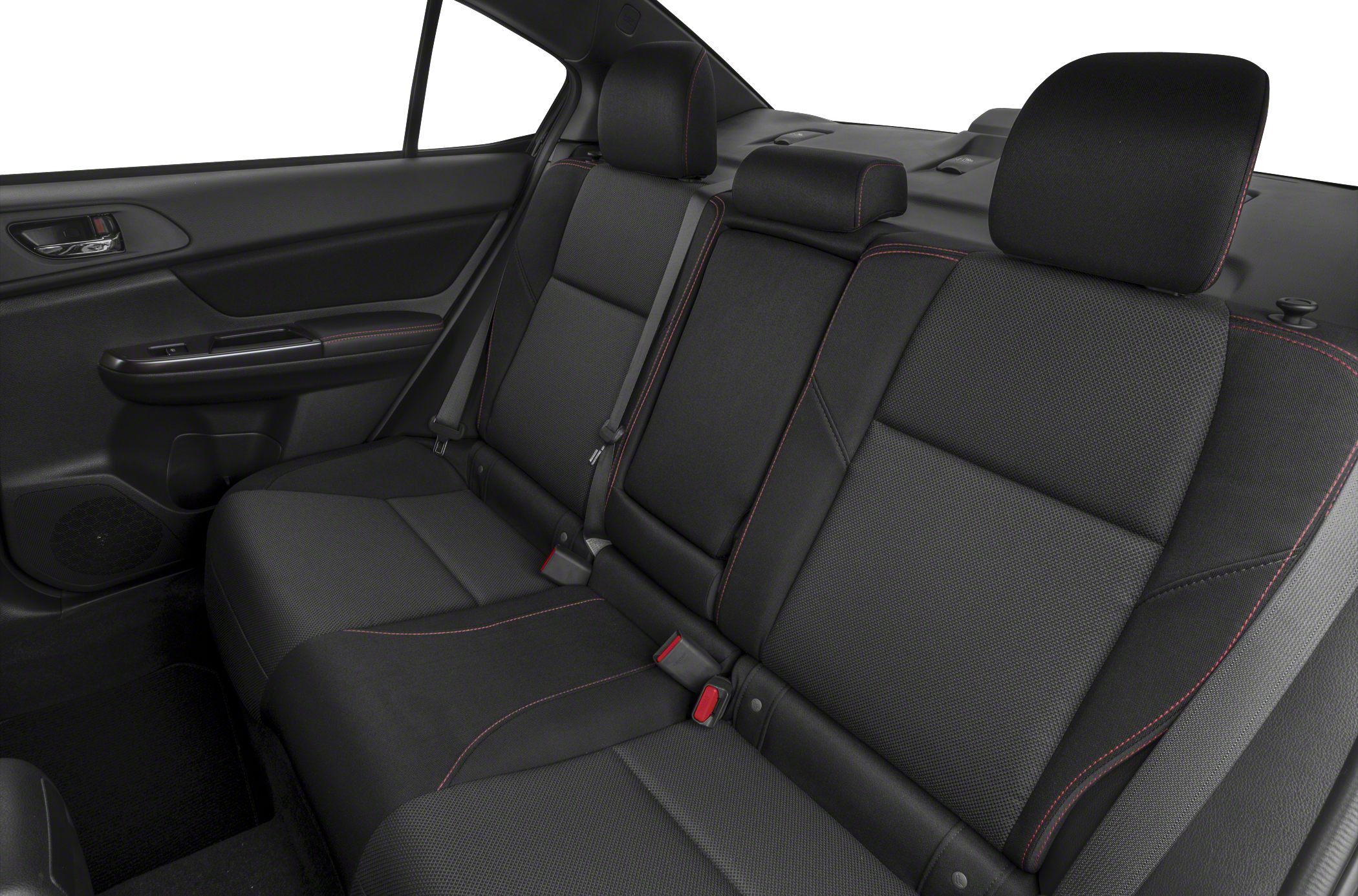 Rear seat interior with black fabric and red stitching