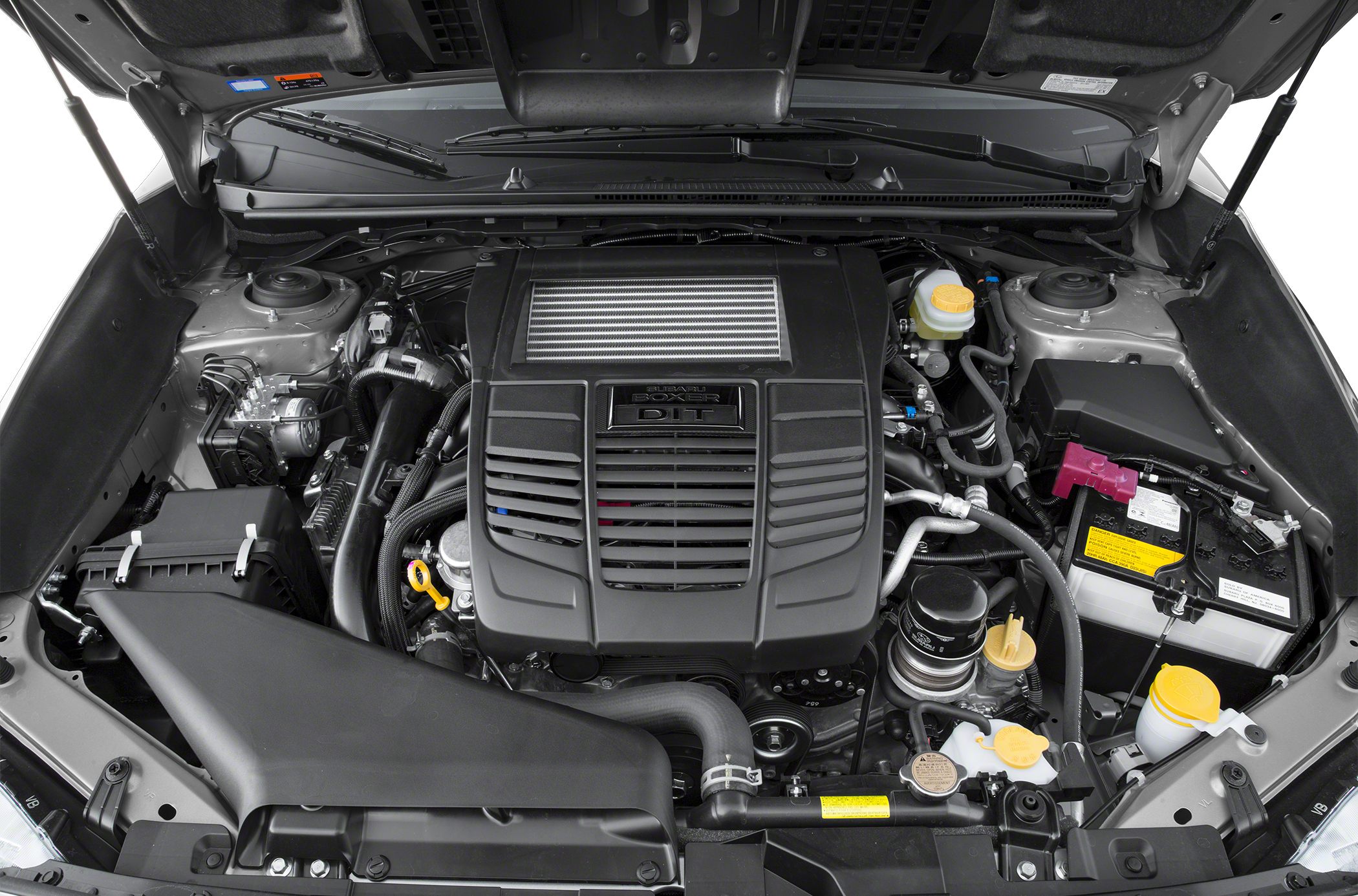 Turbocharged Boxer DIT engine with air intake and battery in engine bay