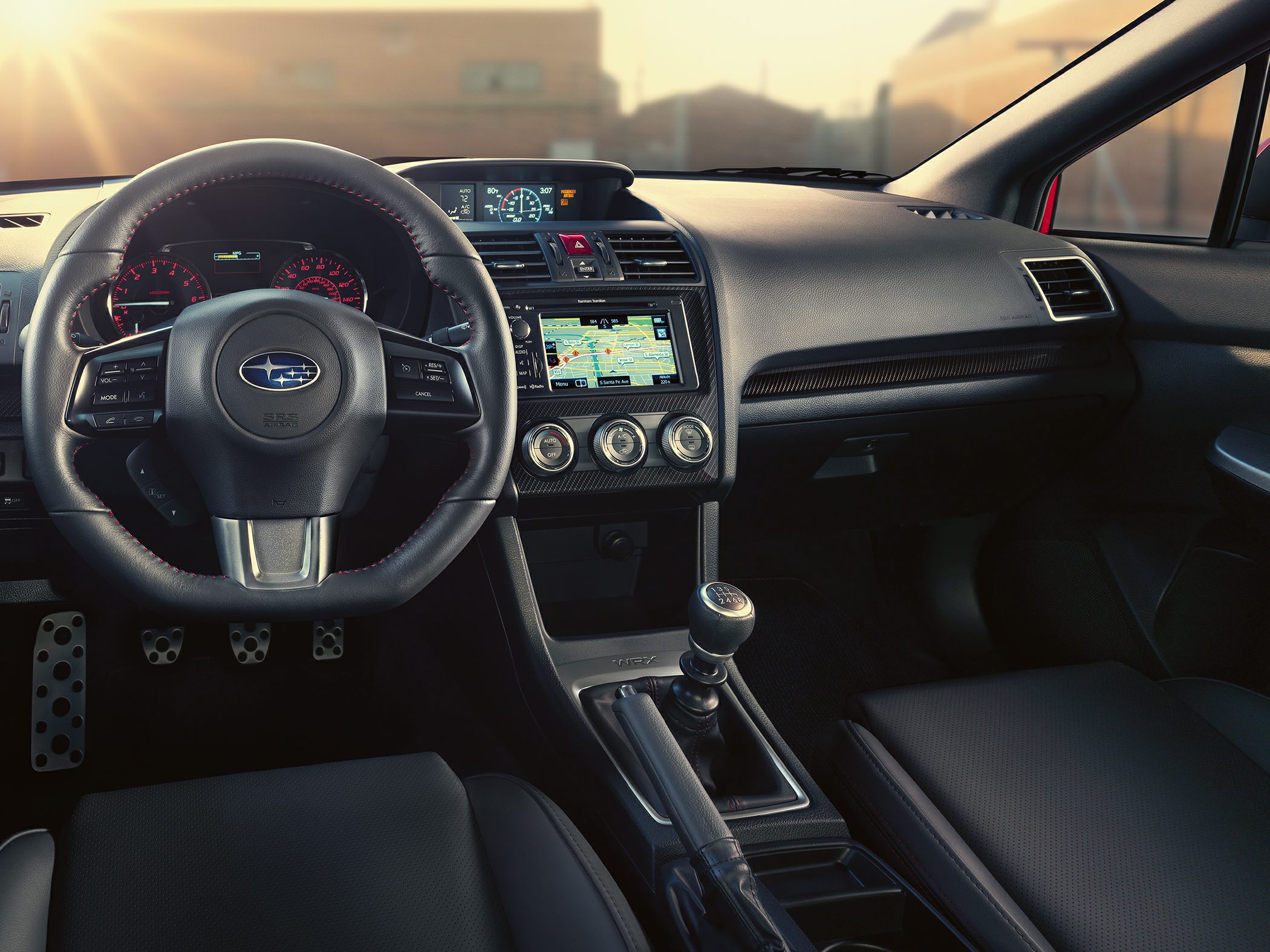 Manual transmission, steering controls, navigation screen