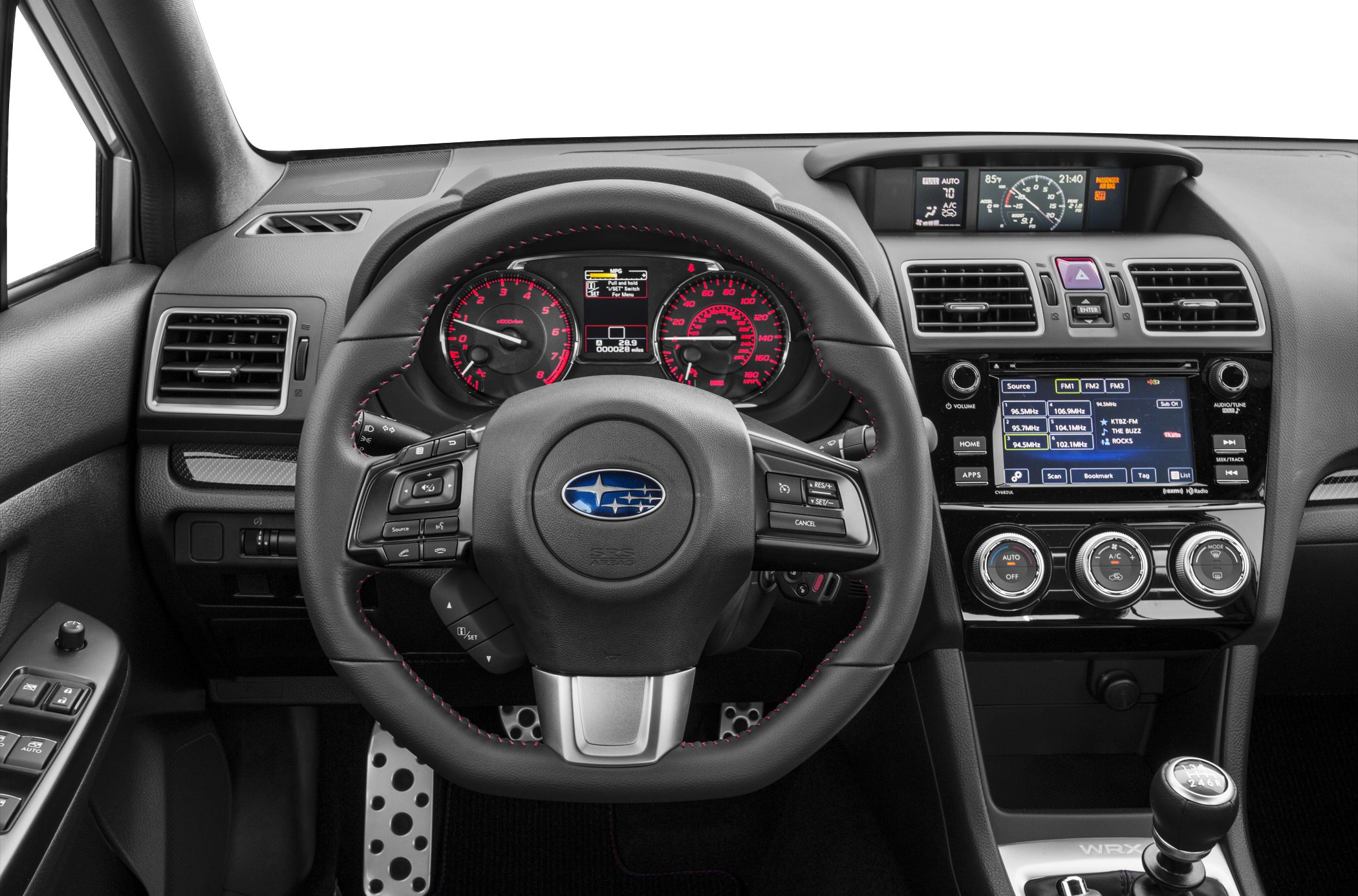 Sporty steering wheel, digital gauges, infotainment system, manual gear knob