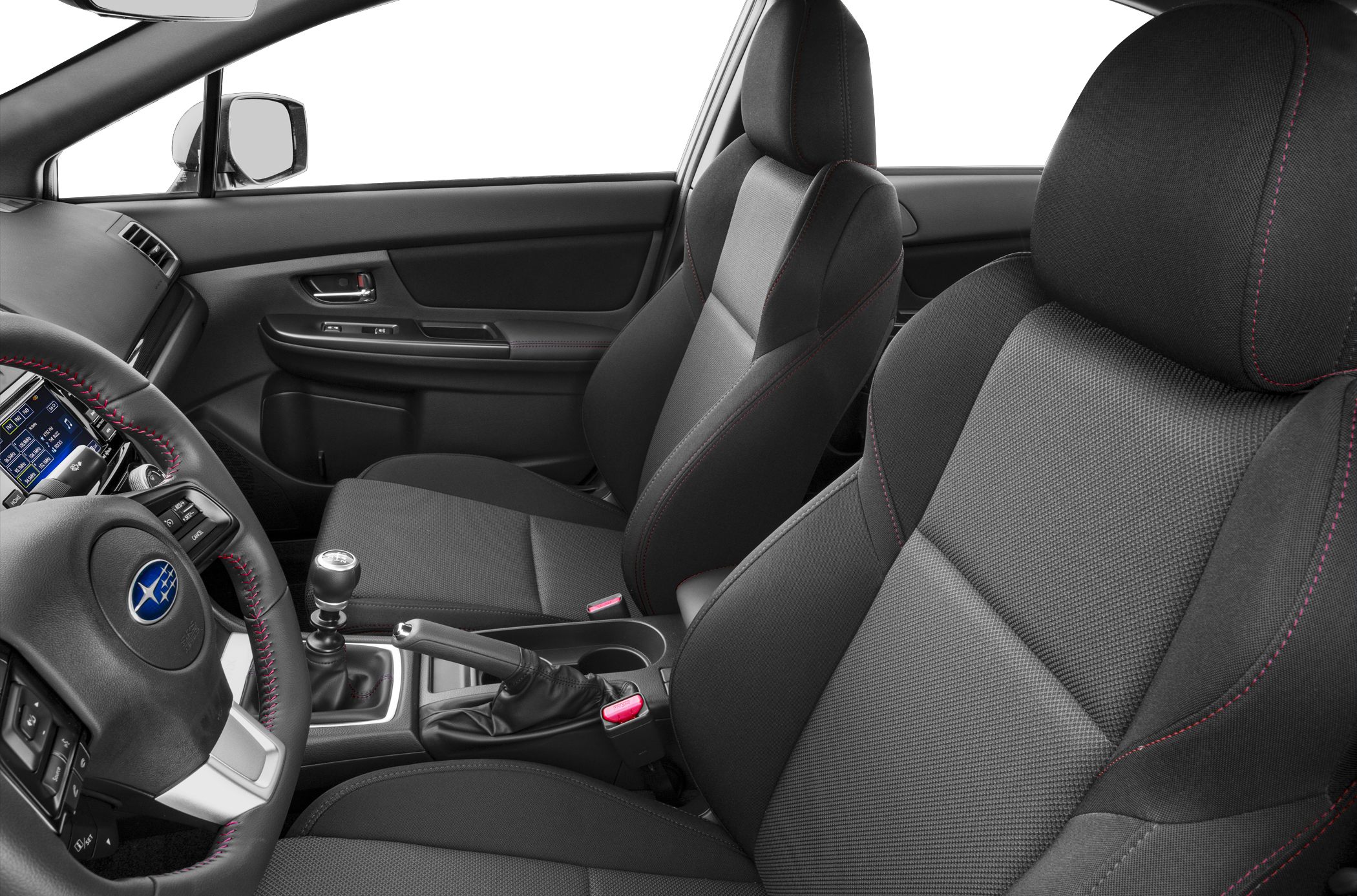 Manual transmission gear stick with sport seats and red stitching detail