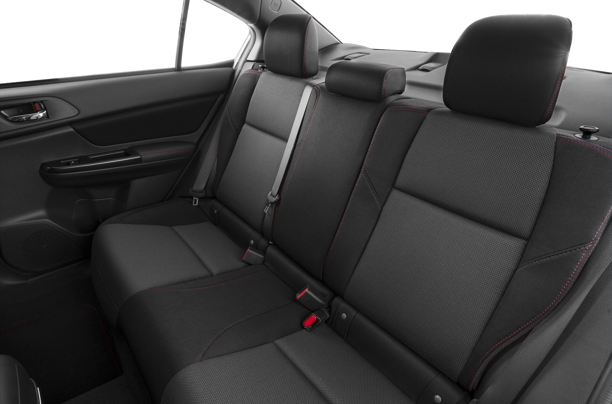 Rear seat interior with black fabric upholstery and red stitching