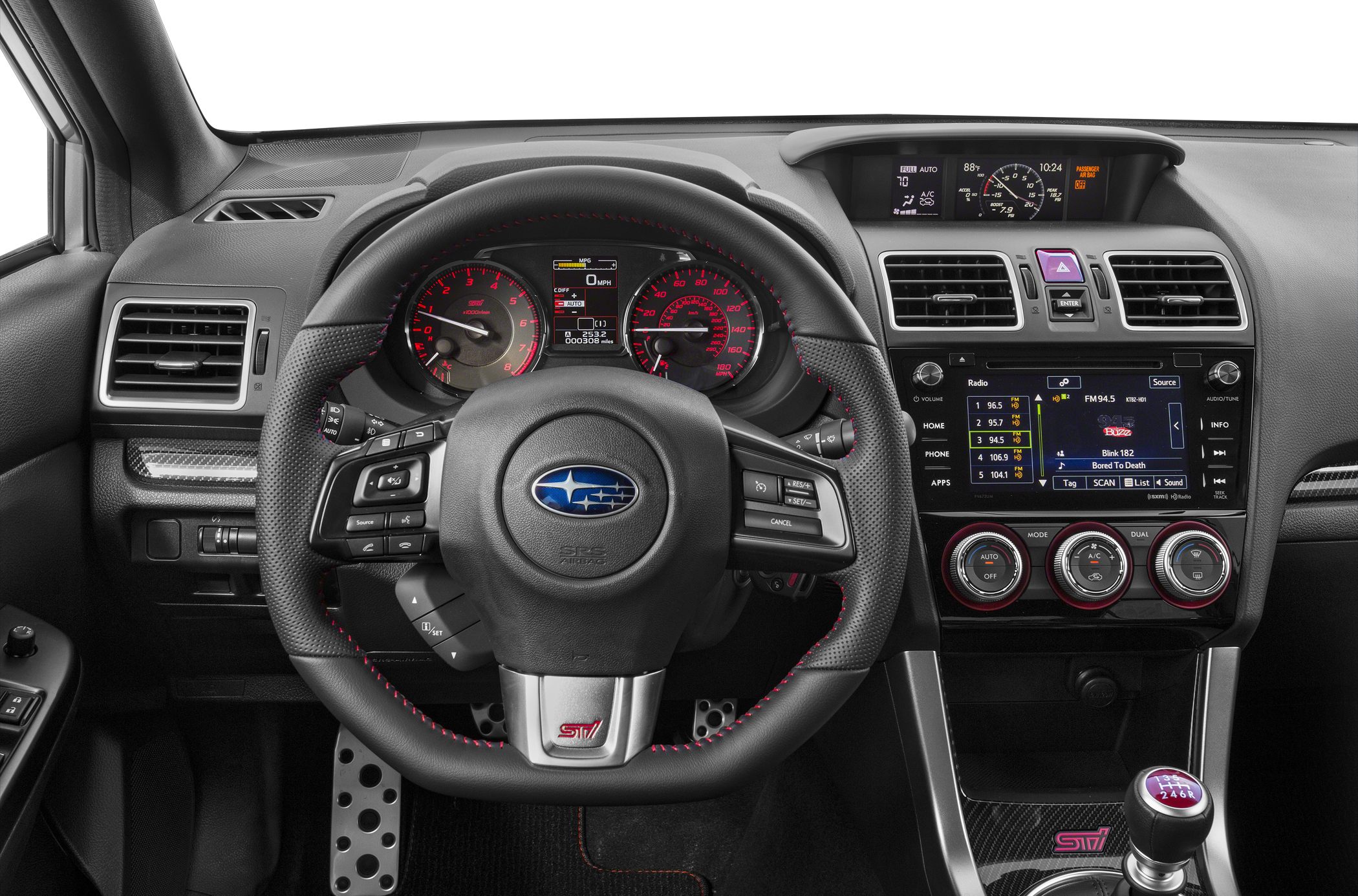 Sporty interior dashboard with red-accented gauges and multifunction steering wheel