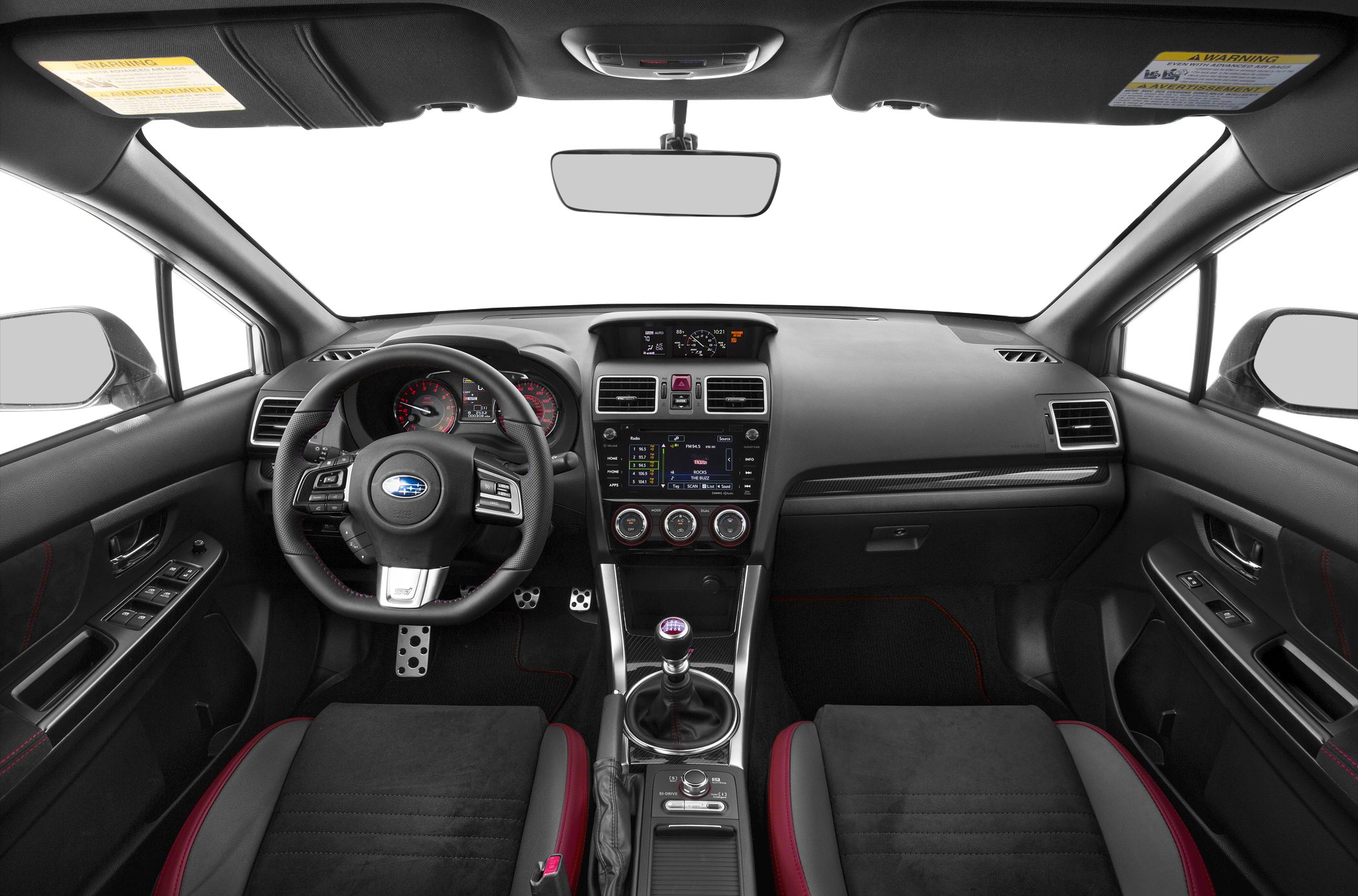 Sporty car interior with manual gear shift and advanced infotainment system